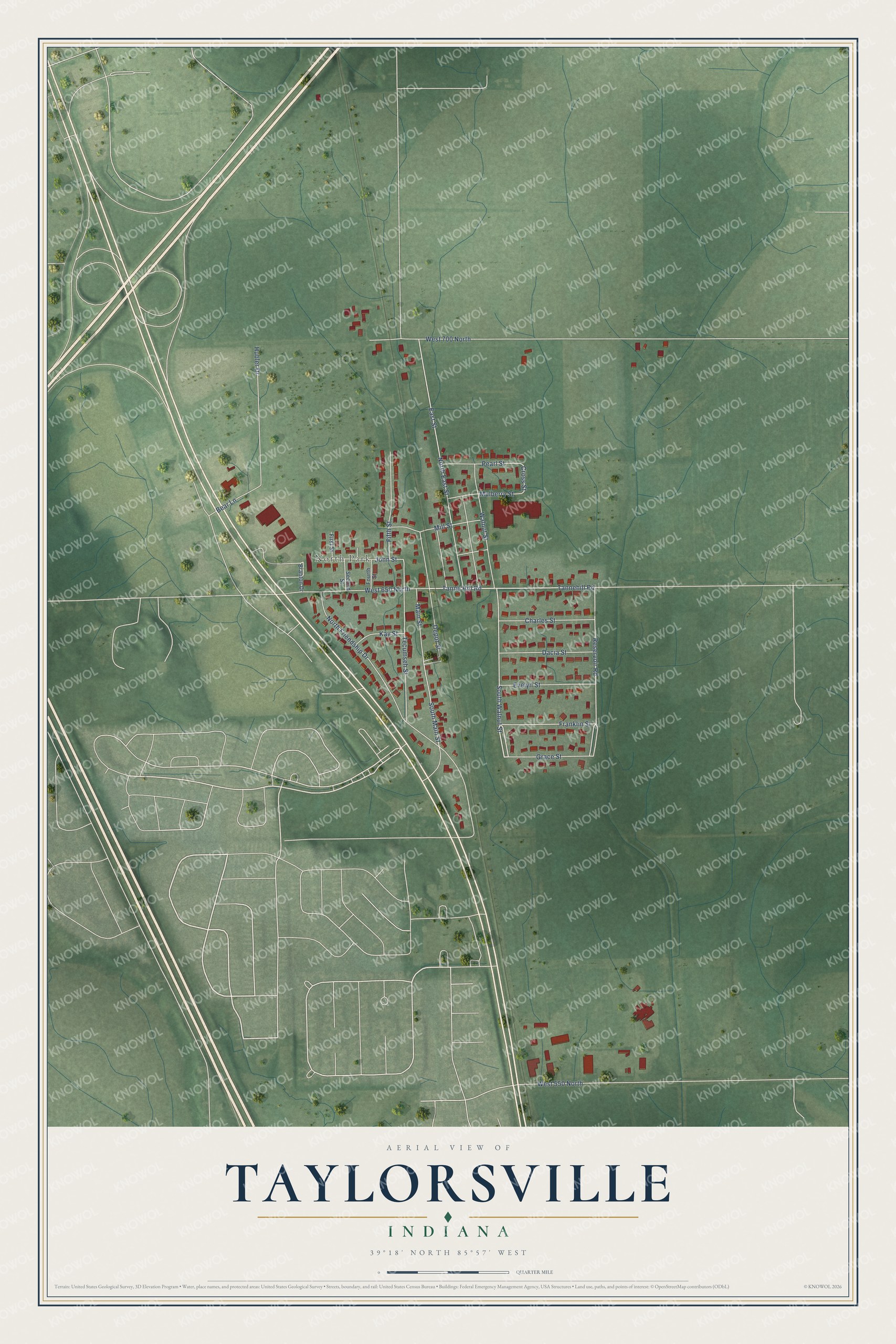 Full map of Taylorsville, Indiana, with red buildings, printed street names and the land around them