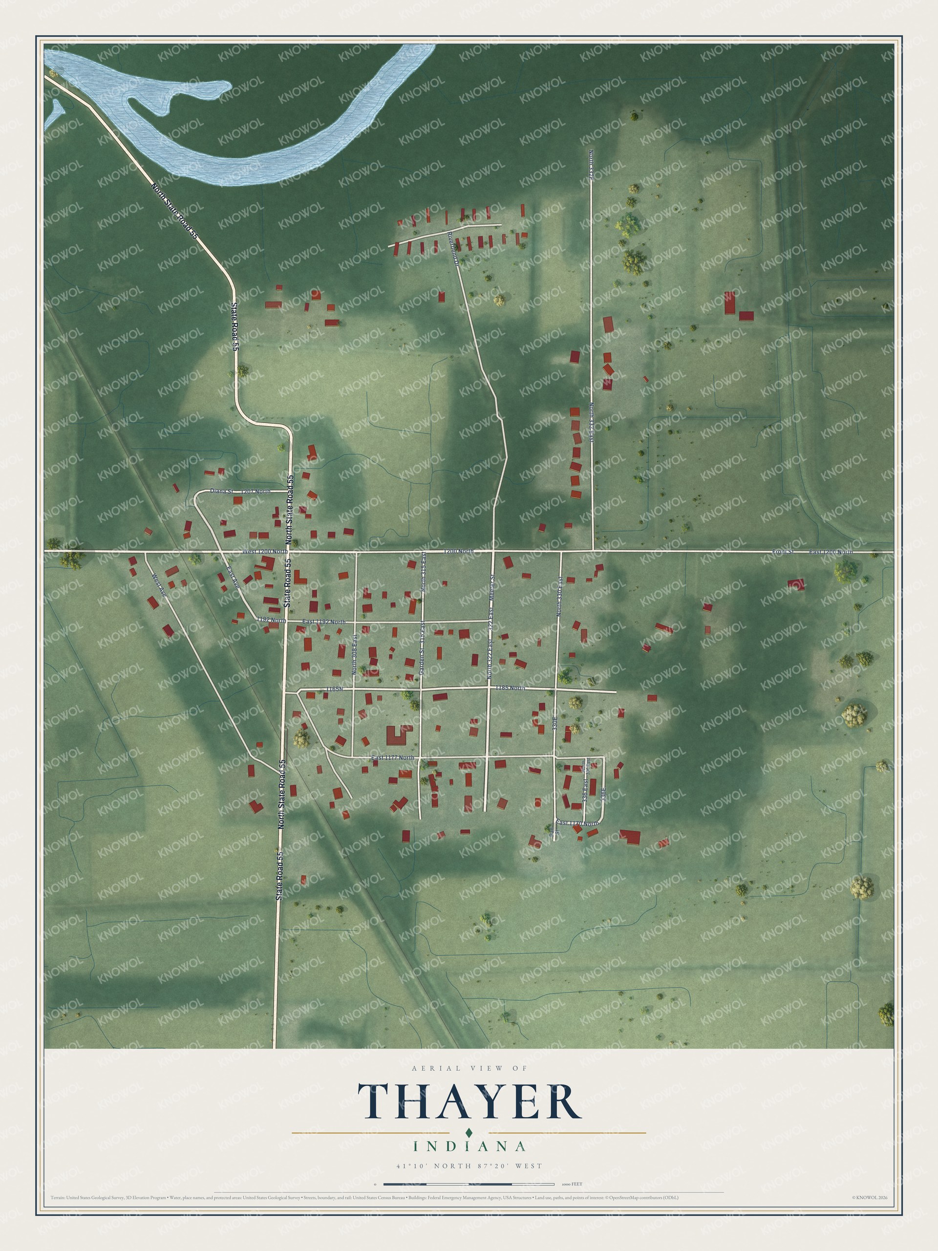 Watermarked full-map preview of Thayer, Indiana