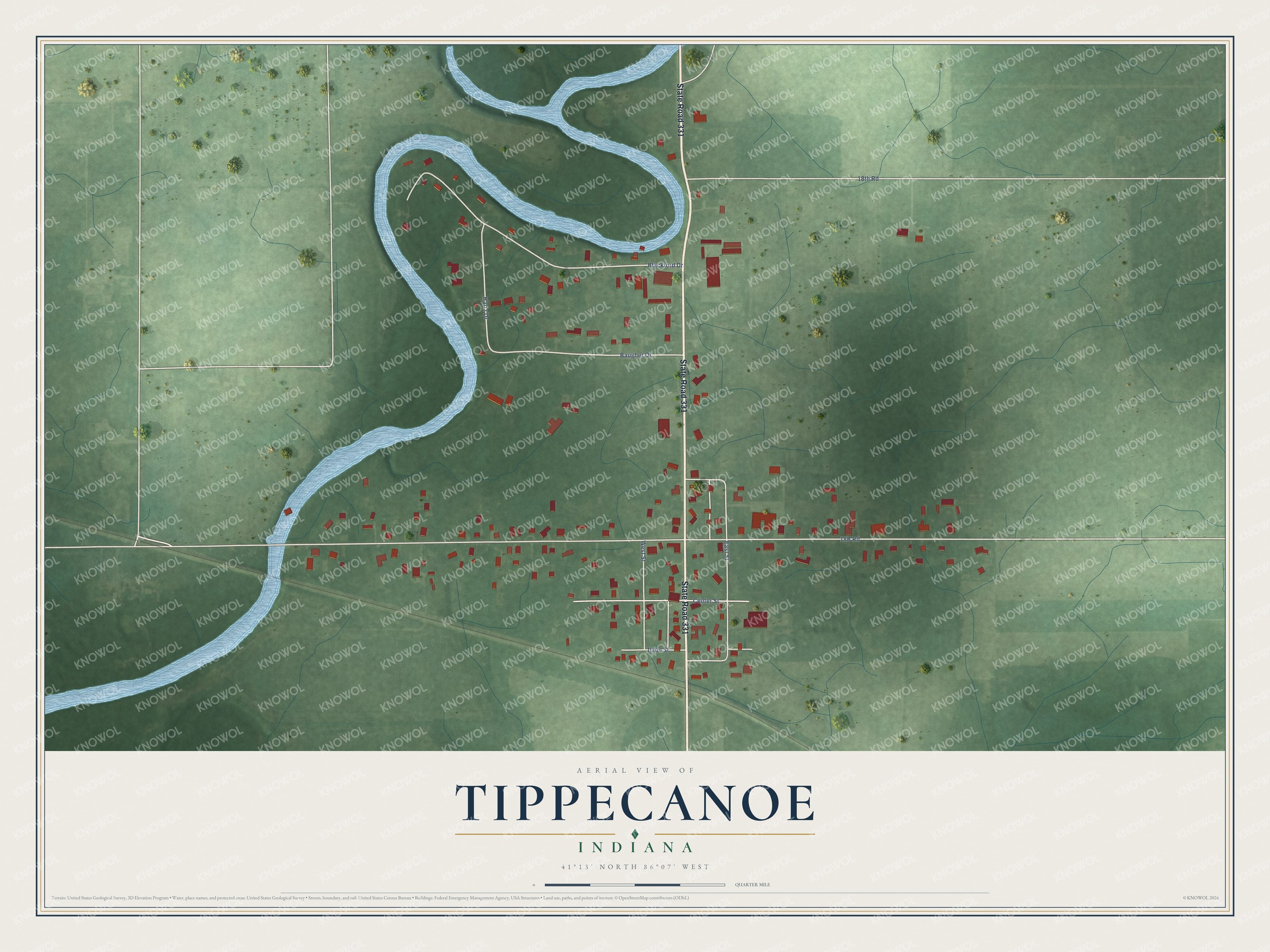 Full map of Tippecanoe, Indiana, with red buildings, printed street names and the land around them