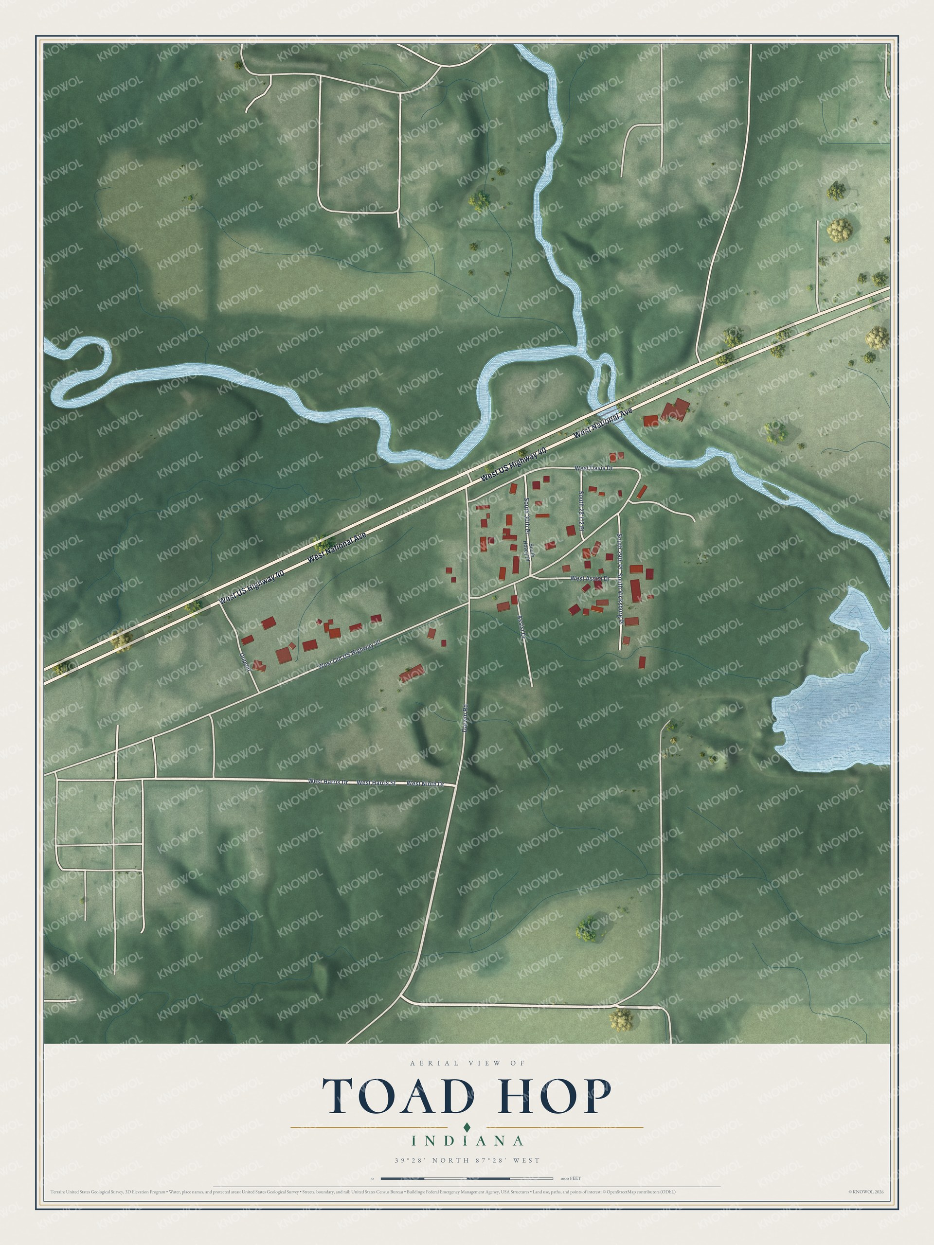 Full map of Toad Hop, Indiana, with red buildings, printed street names and the land around them
