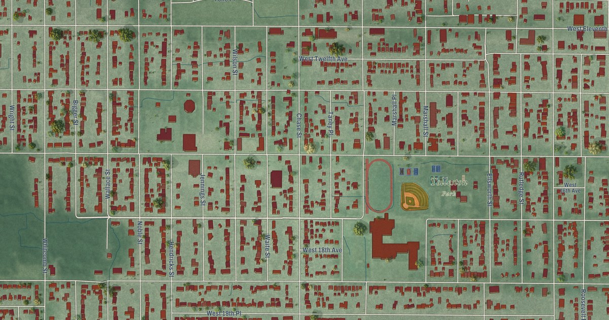 Close-up of streets and buildings in Tolleston, Indiana