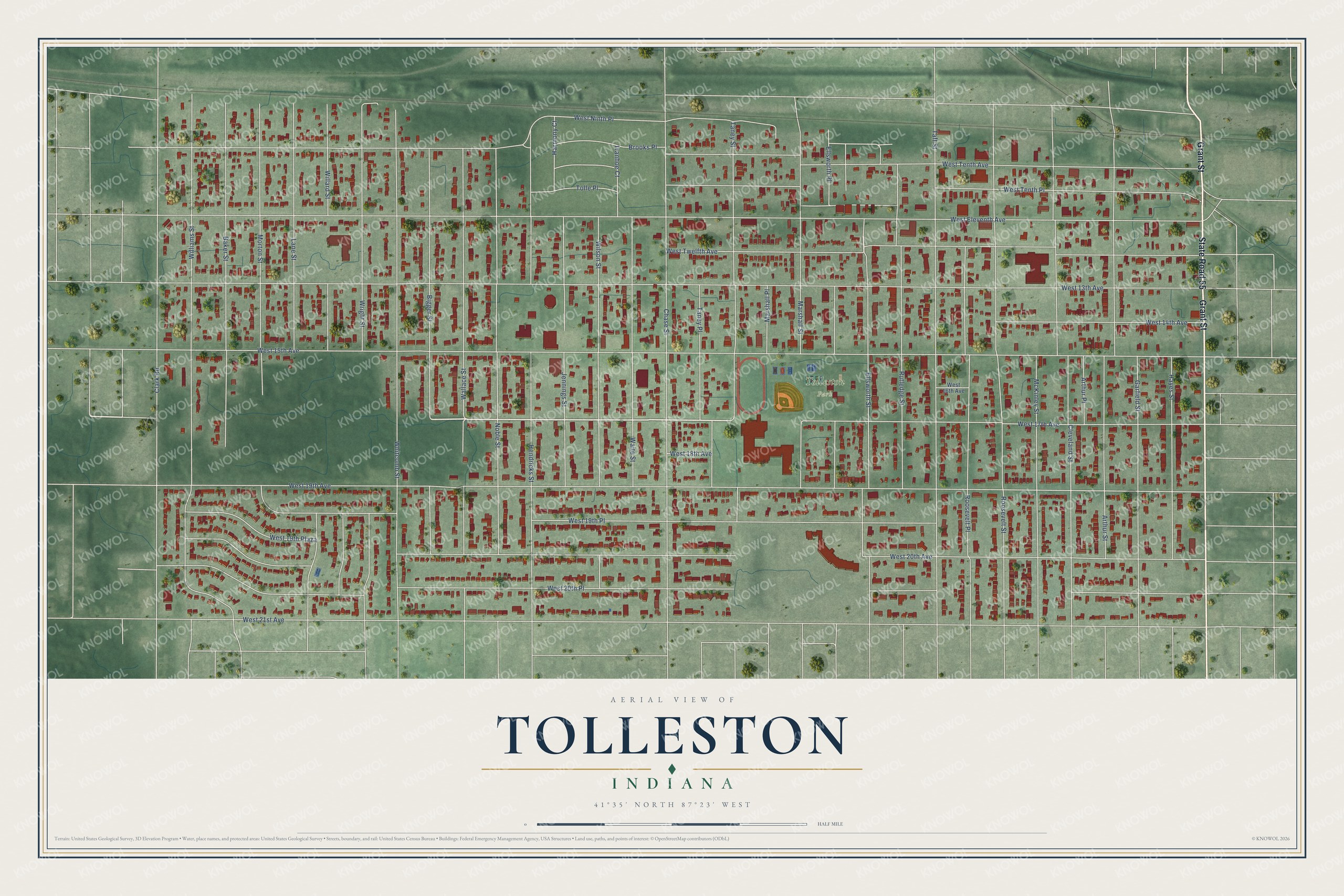 Full map of Tolleston, Indiana, with red buildings, printed street names and the land around them