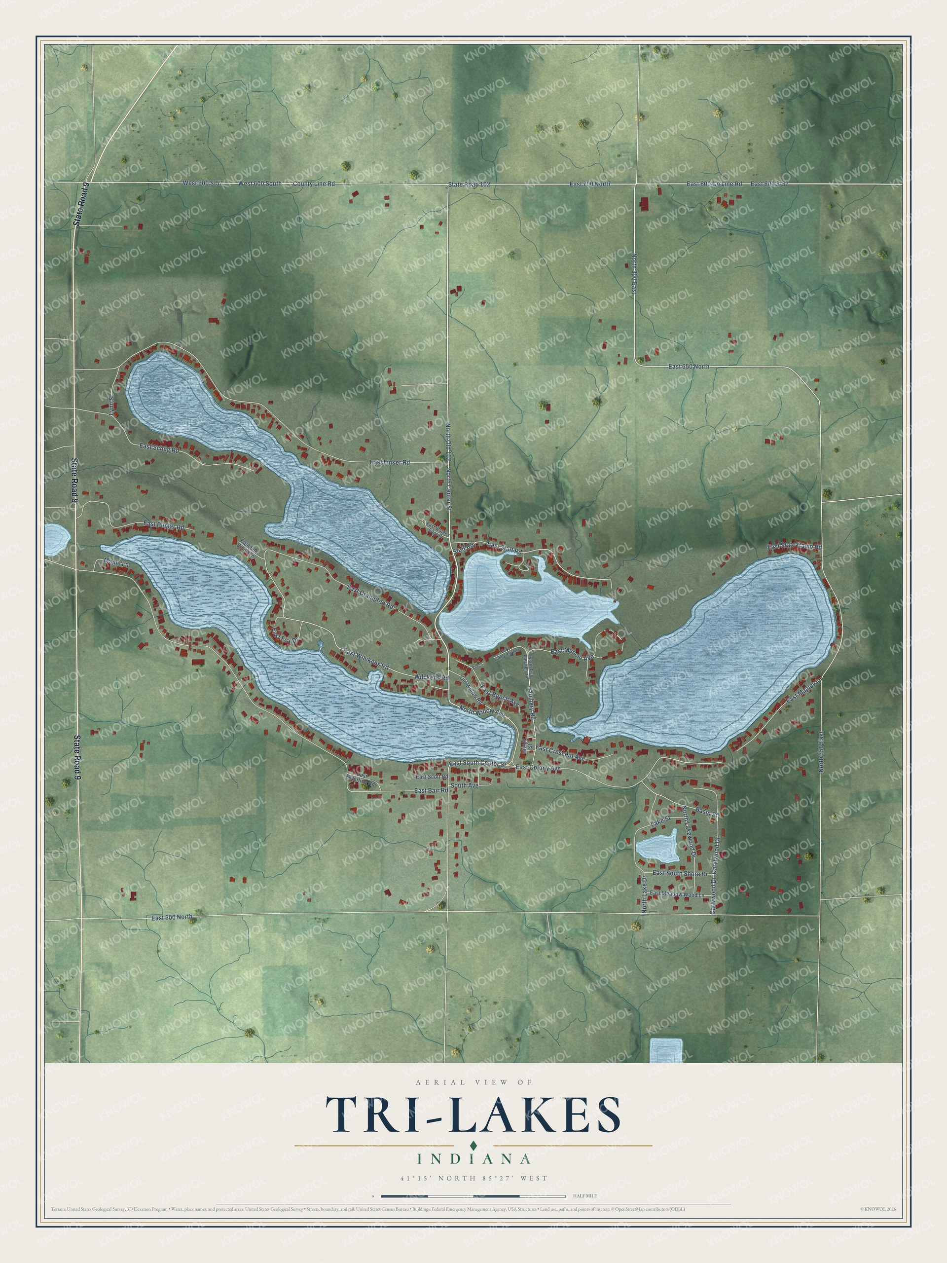 Full map of Tri-Lakes, Indiana, with red buildings, printed street names and the land around them