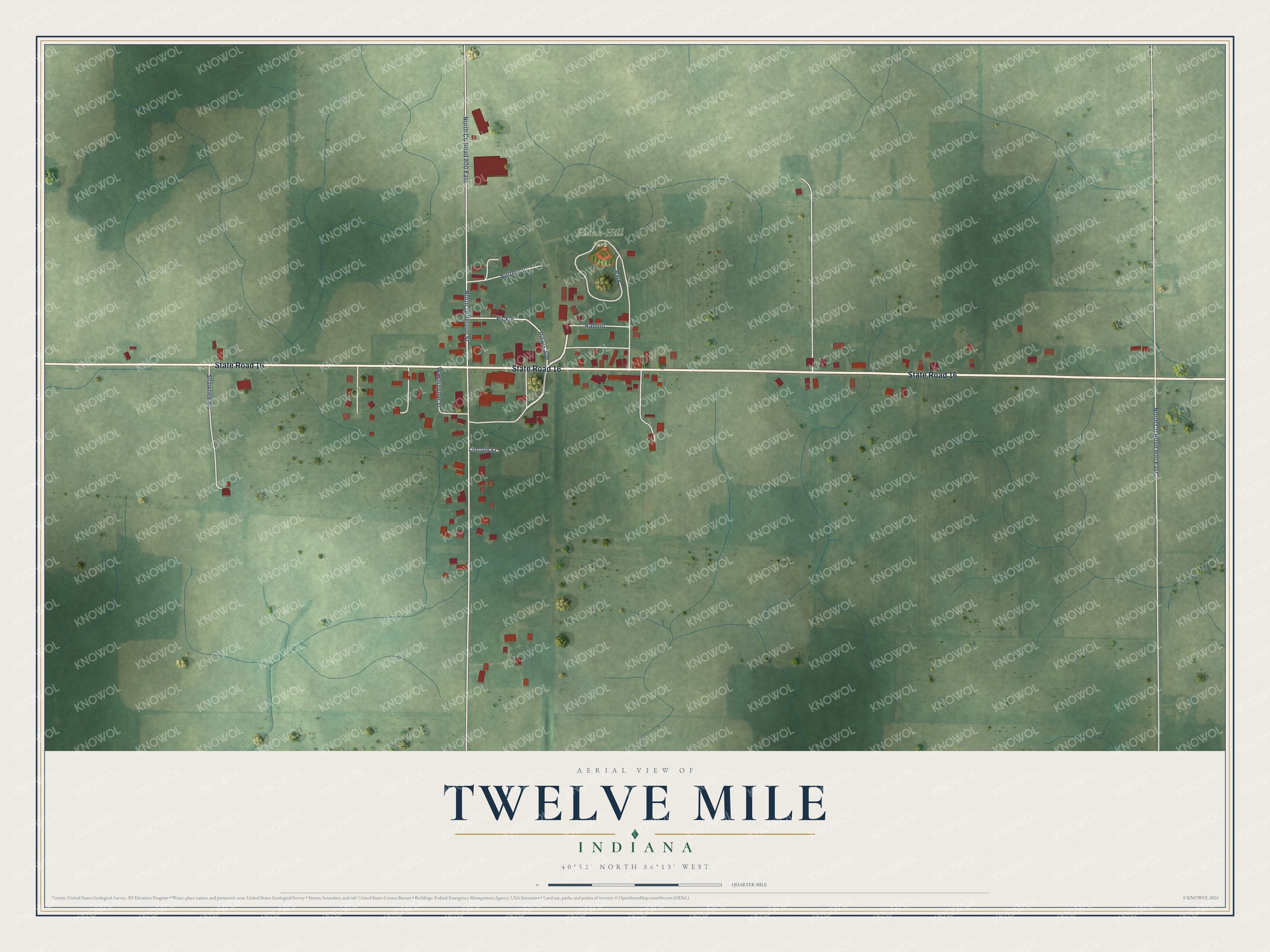 Full map of Twelve Mile, Indiana, with red buildings, printed street names and the land around them