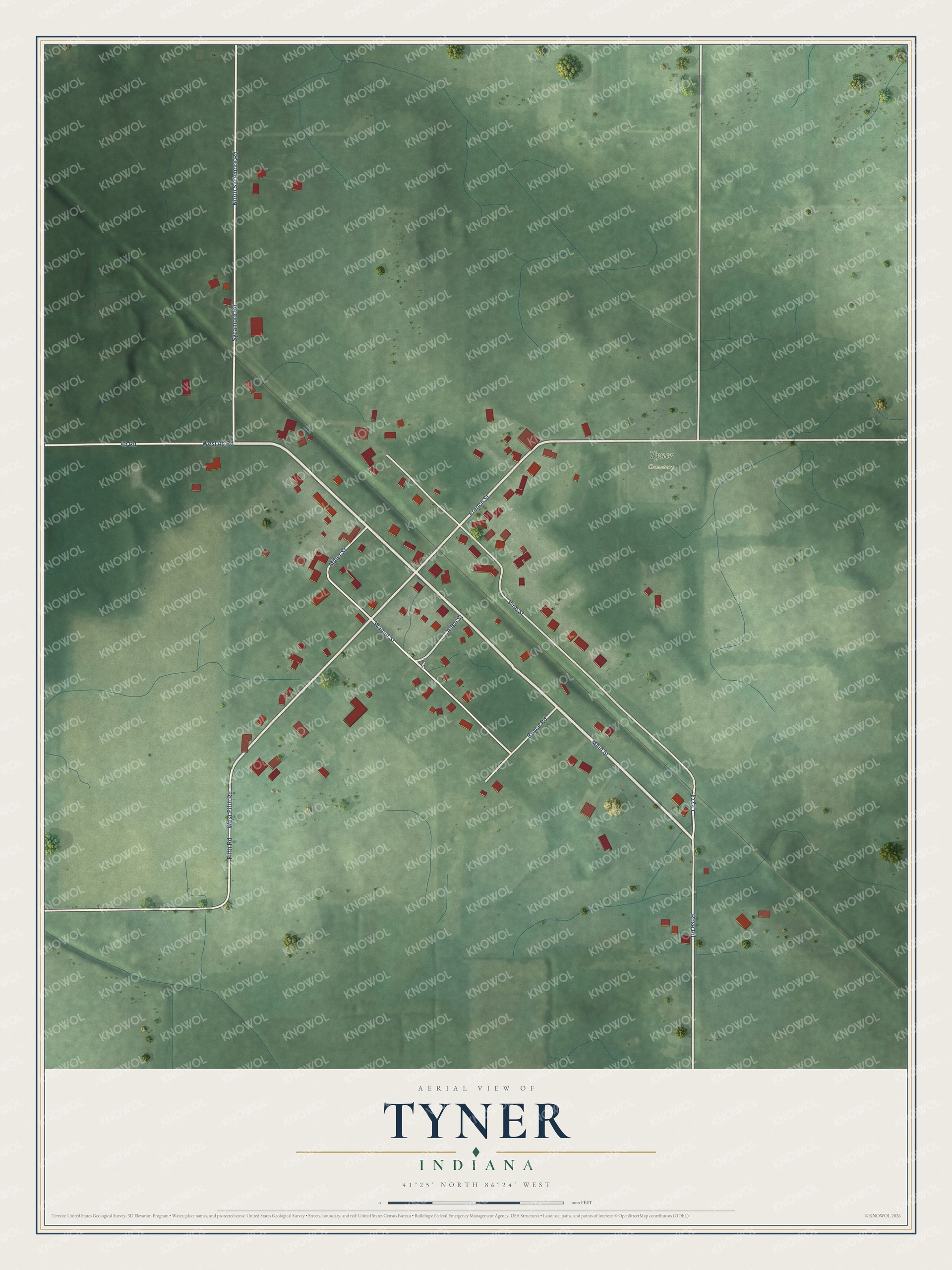 Full map of Tyner, Indiana, with red buildings, printed street names and the land around them