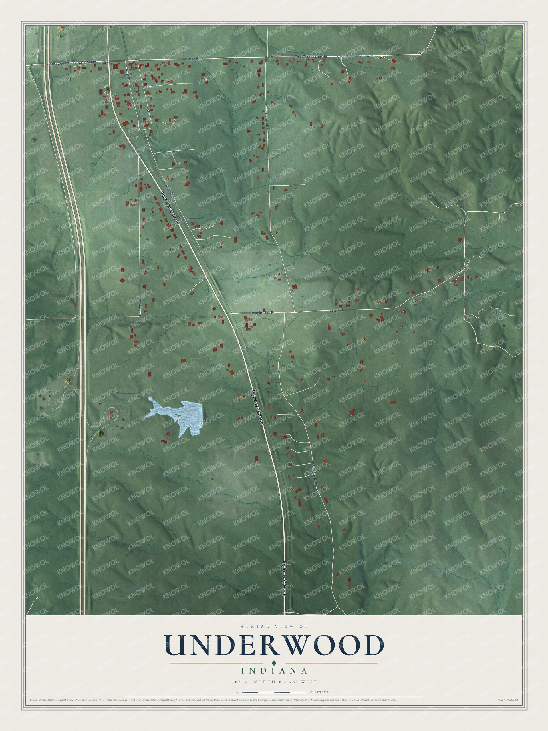 Full map of Underwood, Indiana, with red buildings, printed street names and the land around them