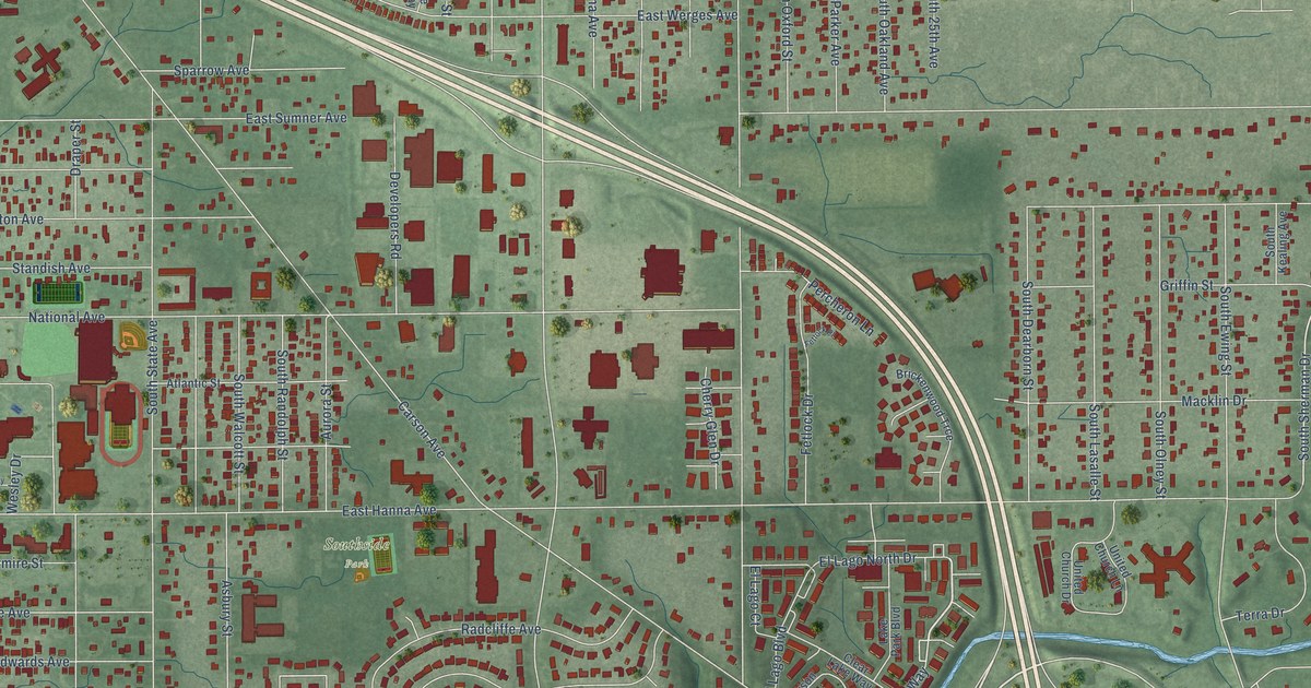 Close-up of streets and buildings in University Heights, Indiana