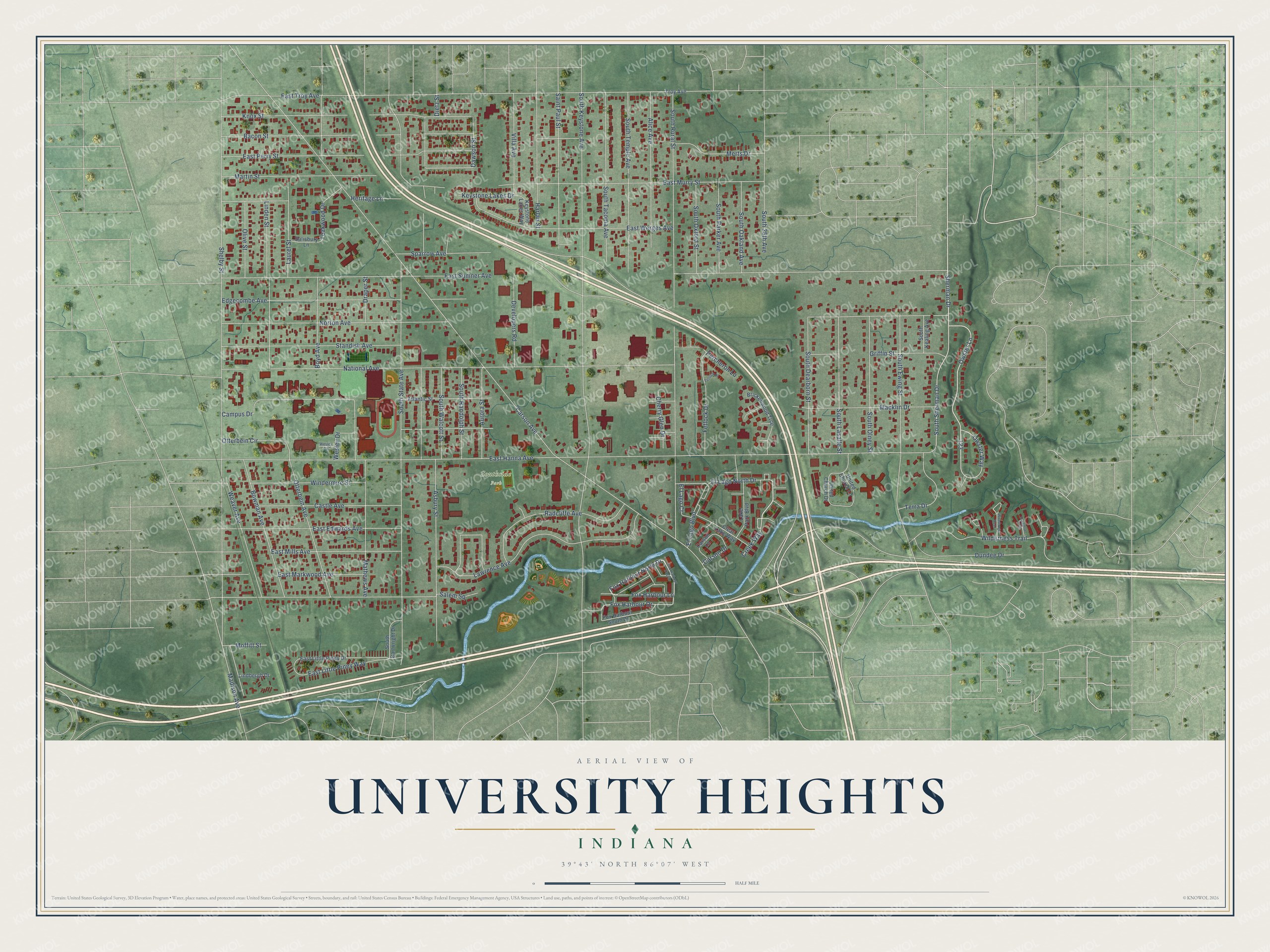 Full map of University Heights, Indiana, with red buildings, printed street names and the land around them