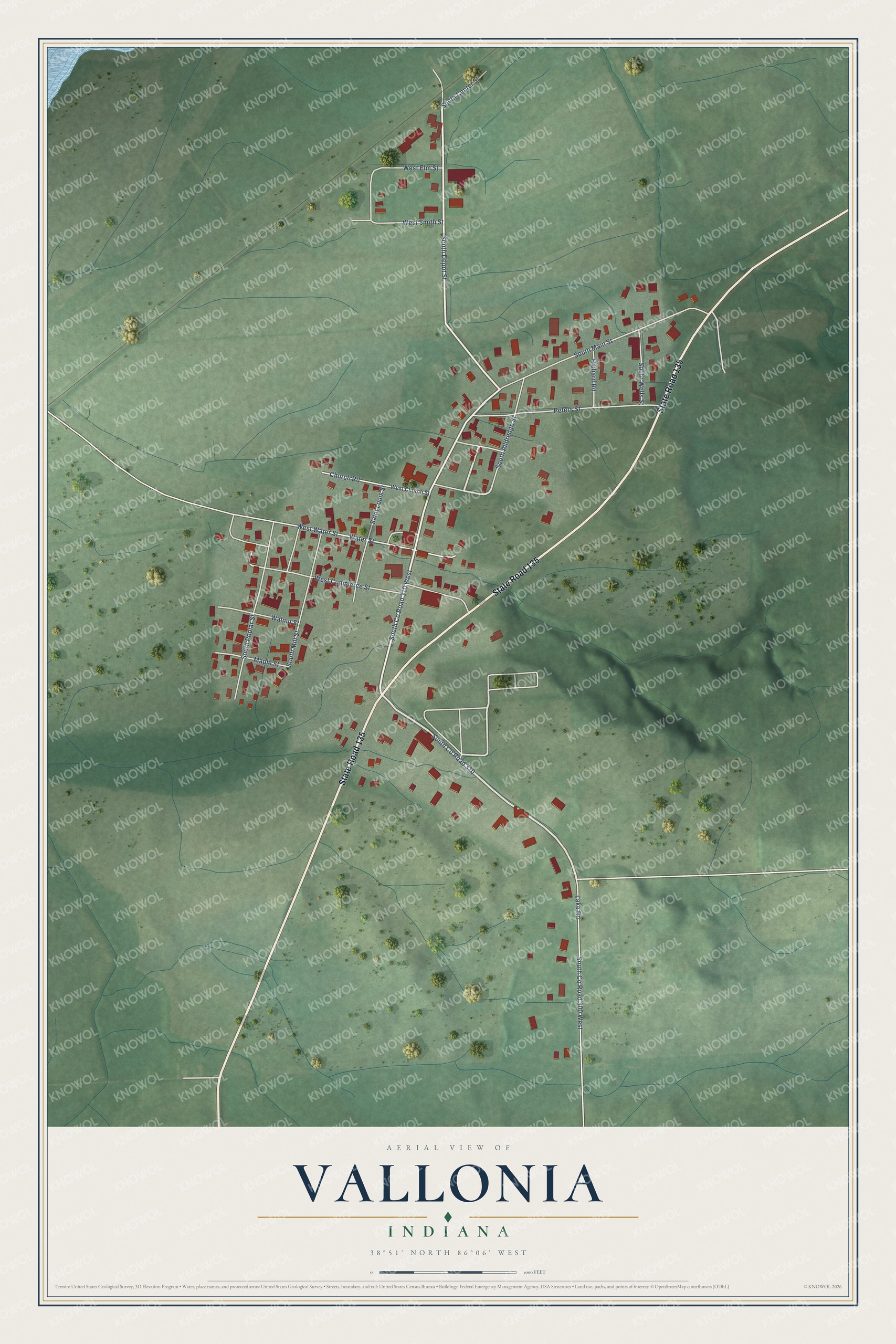 Full map of Vallonia, Indiana, with red buildings, printed street names and the land around them