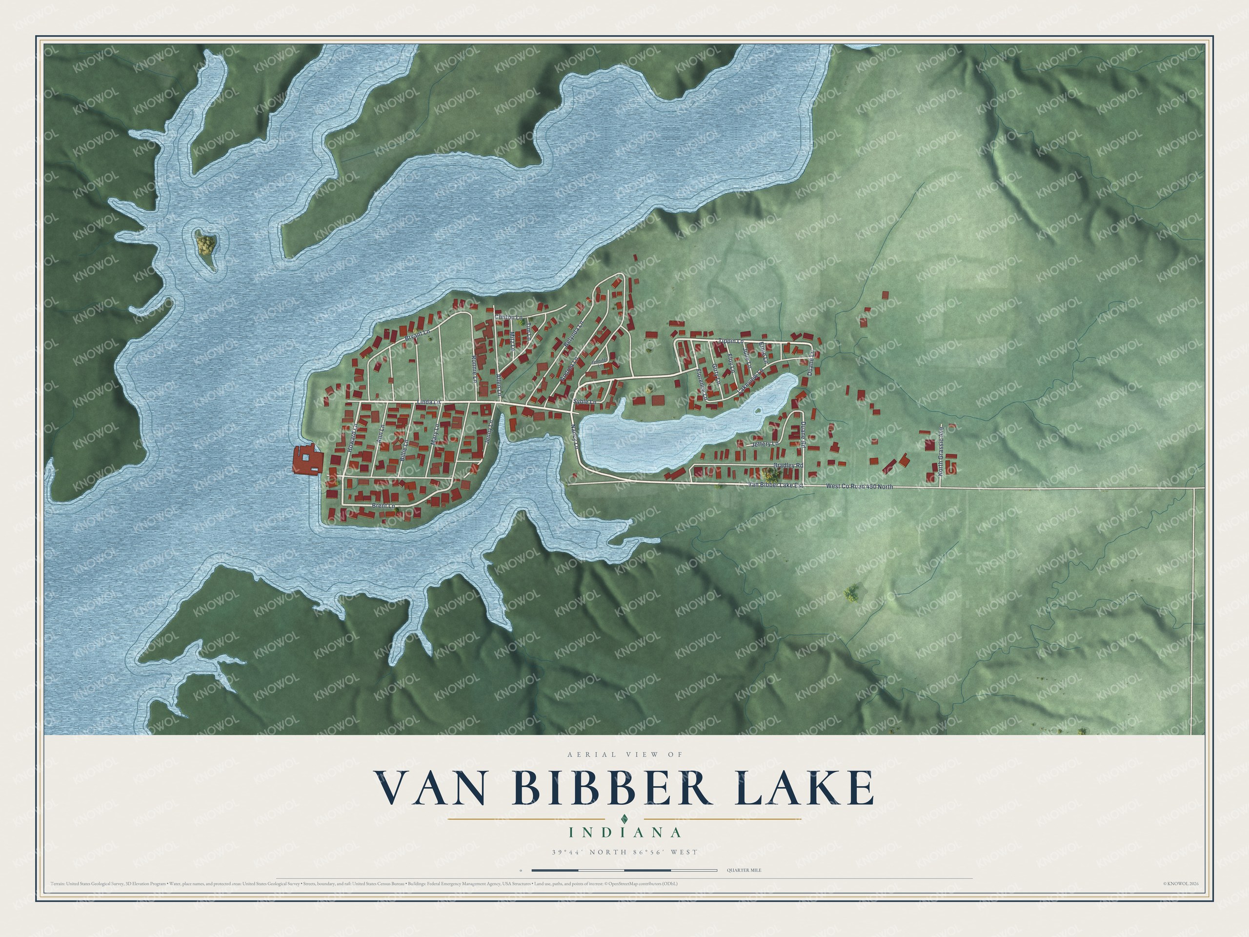 Full map of Van Bibber Lake, Indiana, with red buildings, printed street names and the land around them