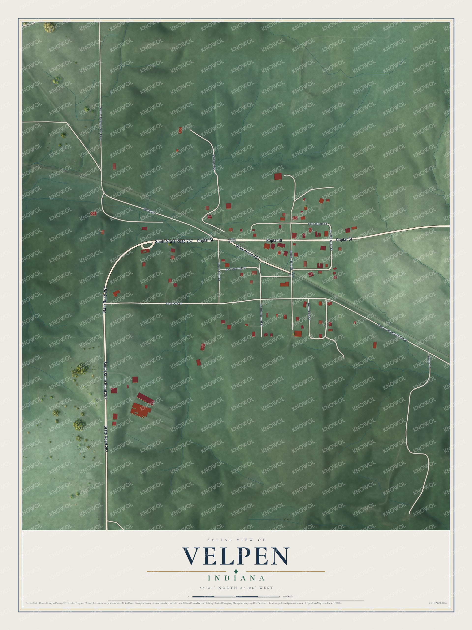 Full map of Velpen, Indiana, with red buildings, printed street names and the land around them