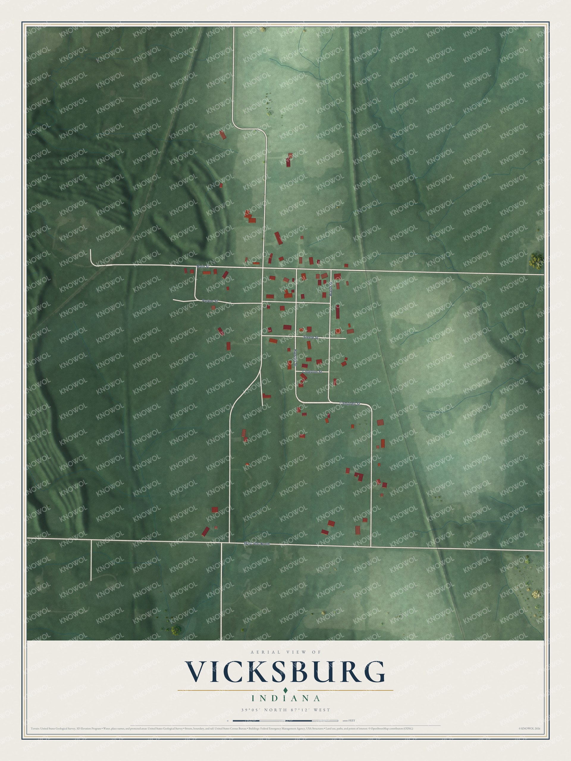 Full map of Vicksburg, Indiana, with red buildings, printed street names and the land around them