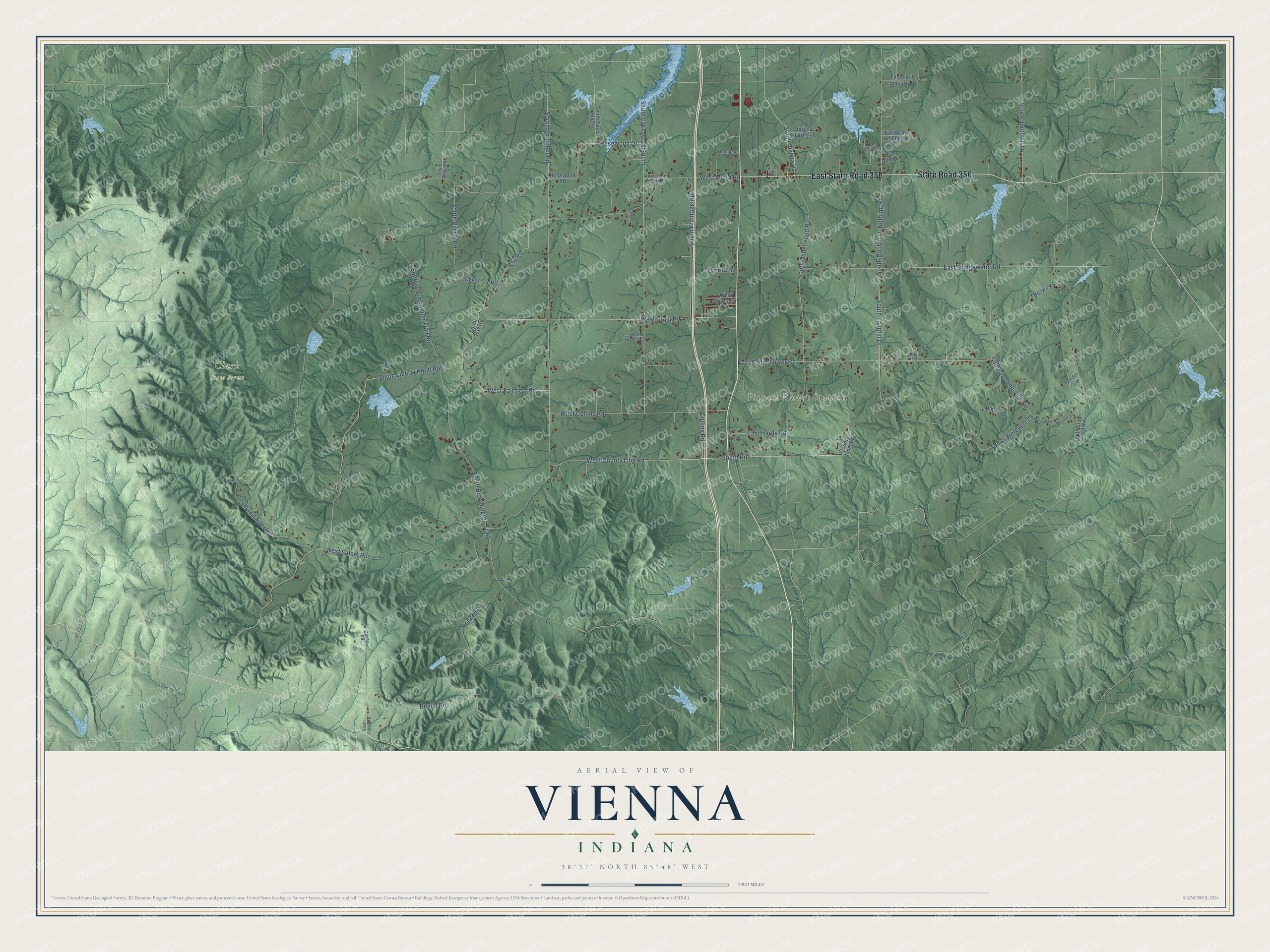 Full map of Vienna, Indiana, with red buildings, printed street names and the land around them