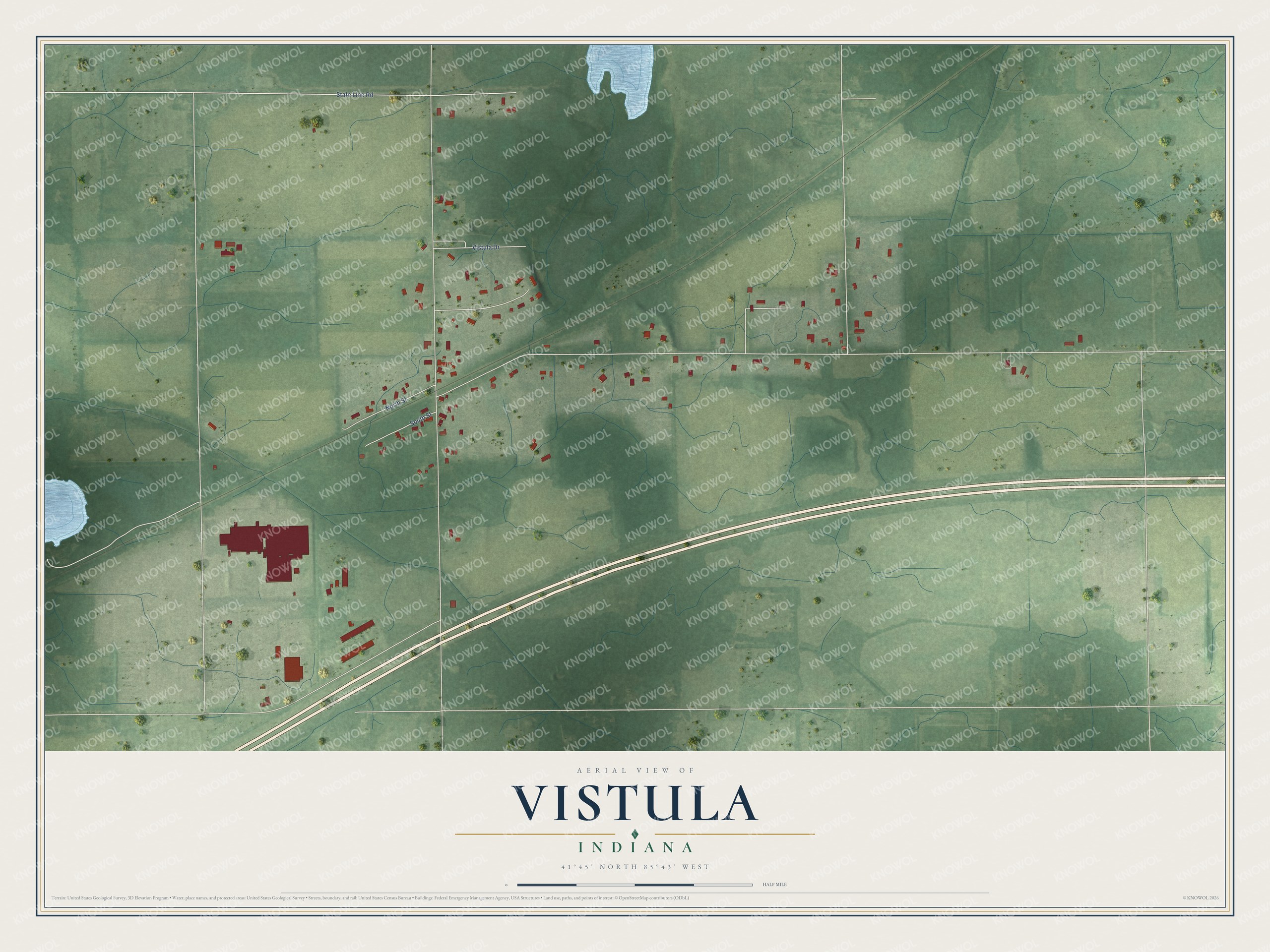 Full map of Vistula, Indiana, with red buildings, printed street names and the land around them