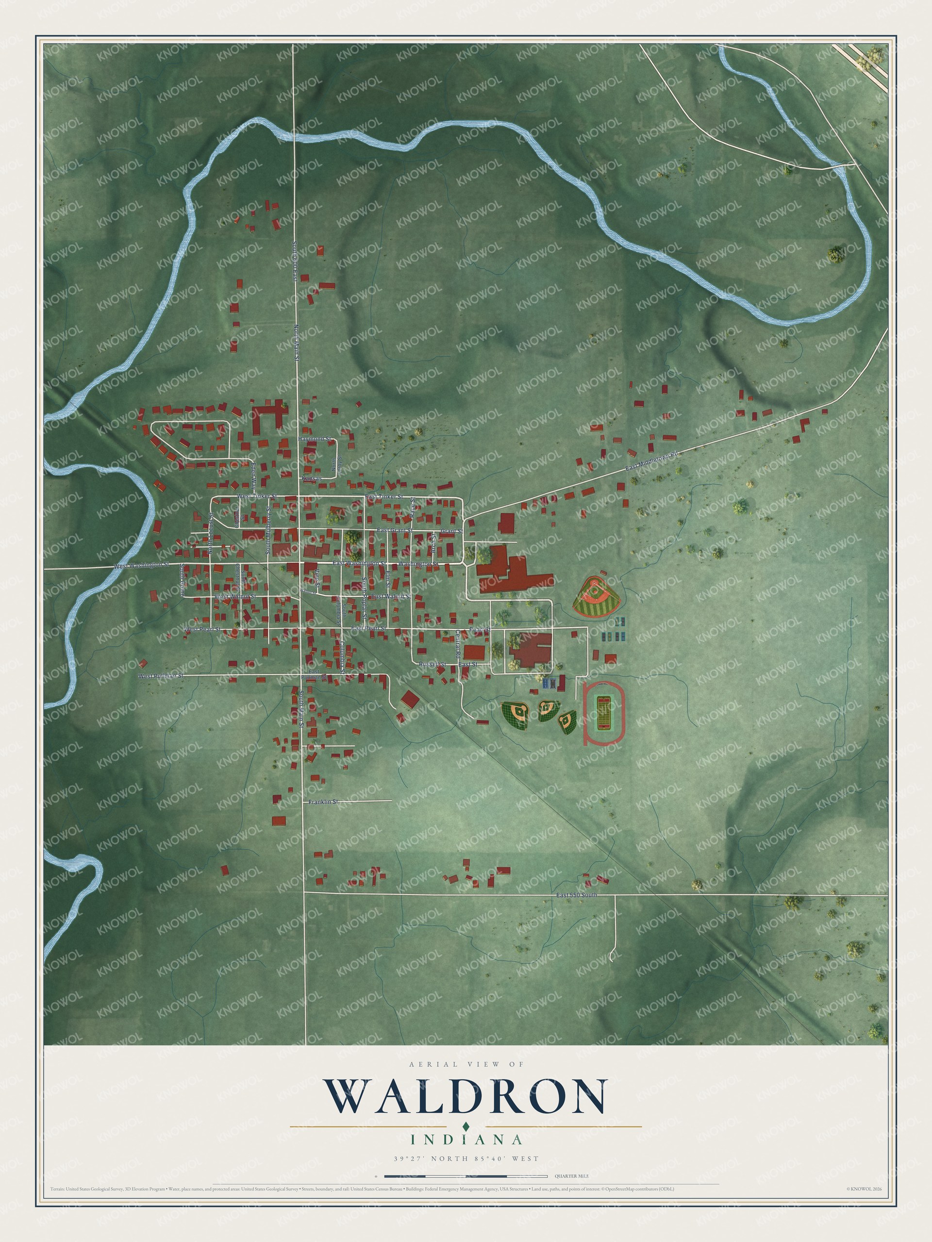 Full map of Waldron, Indiana, with red buildings, printed street names and the land around them