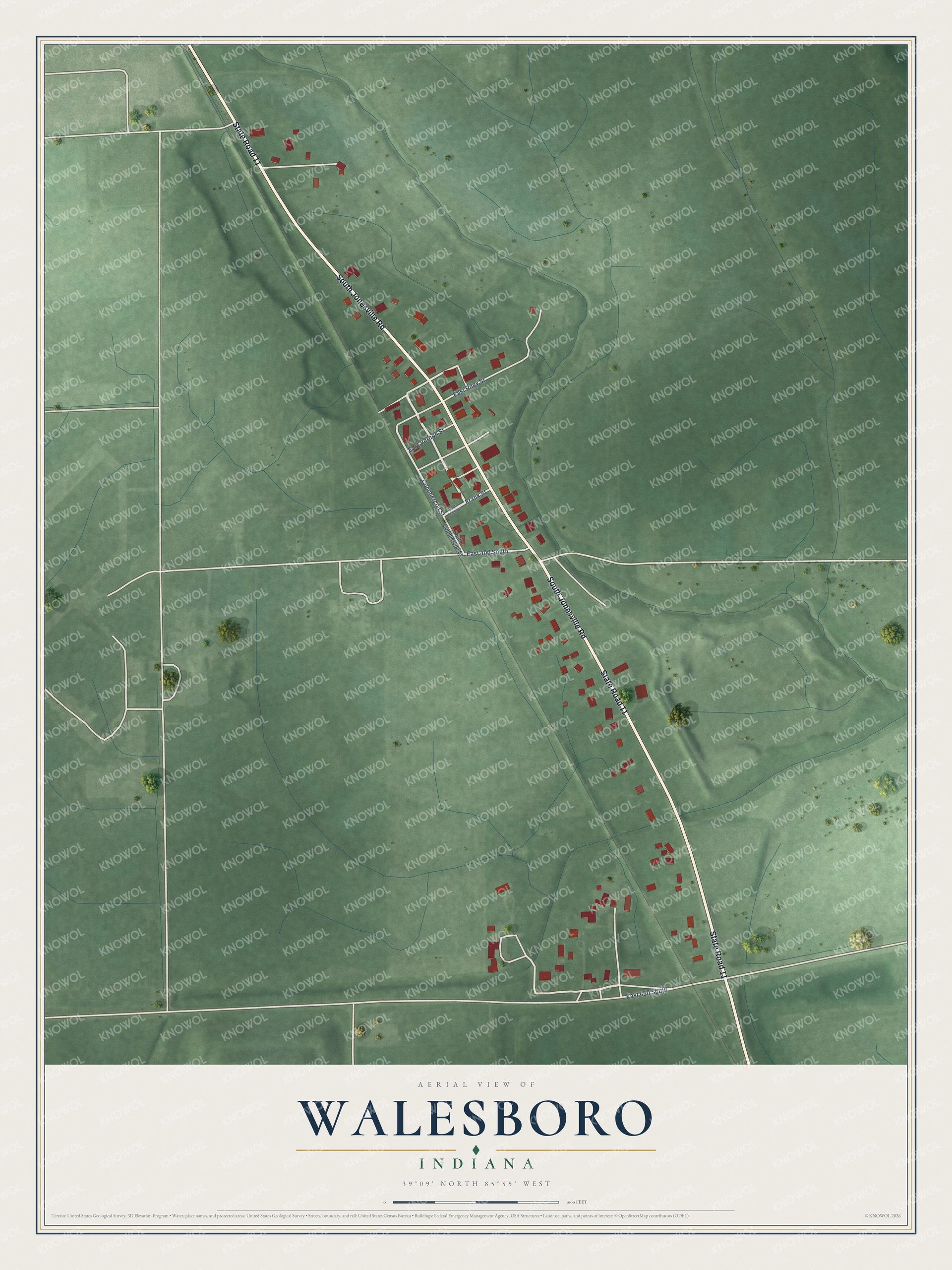 Full map of Walesboro, Indiana, with red buildings, printed street names and the land around them