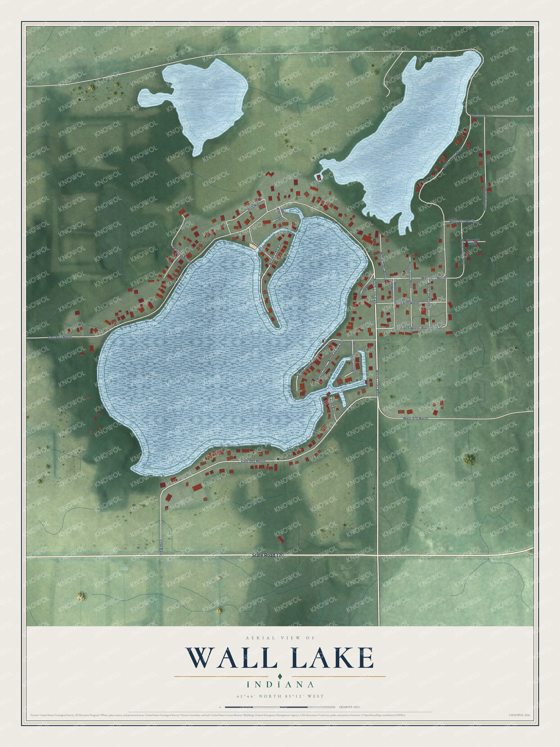 Full map of Wall Lake, Indiana, with red buildings, printed street names and the land around them