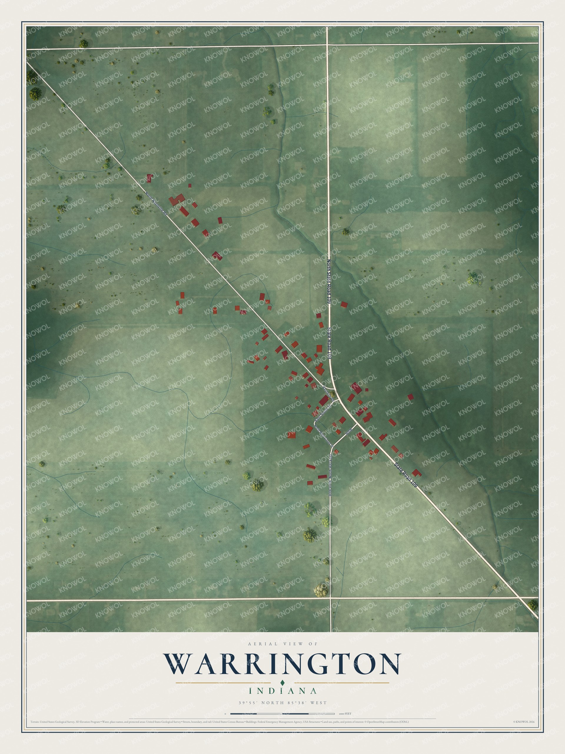 Full map of Warrington, Indiana, with red buildings, printed street names and the land around them