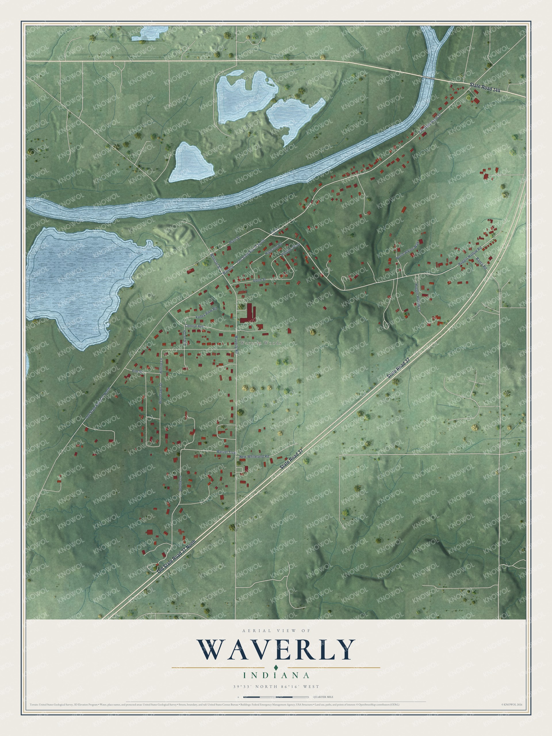 Full map of Waverly, Indiana, with red buildings, printed street names and the land around them