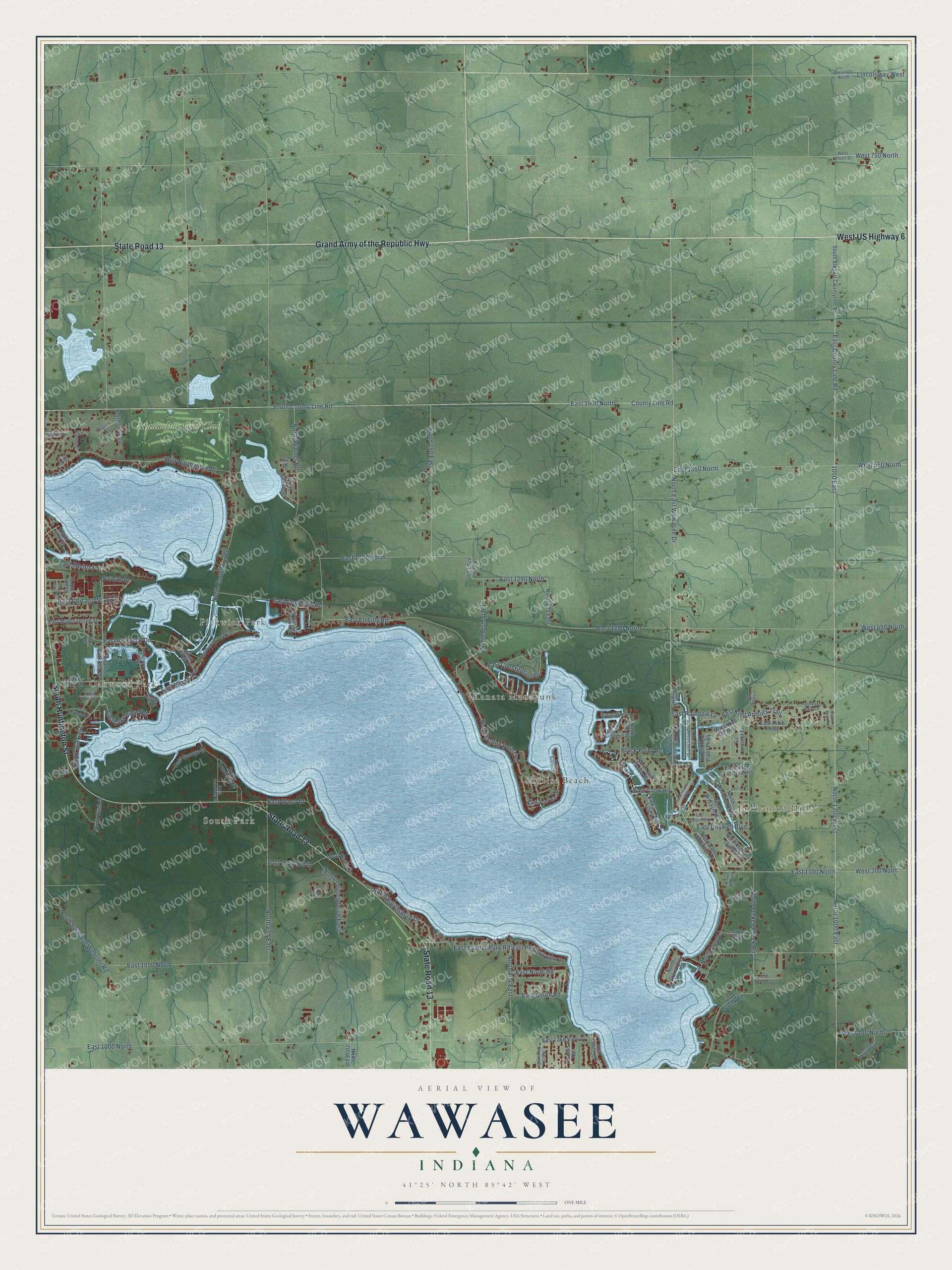 Full map of Wawasee, Indiana, with red buildings, printed street names and the land around them