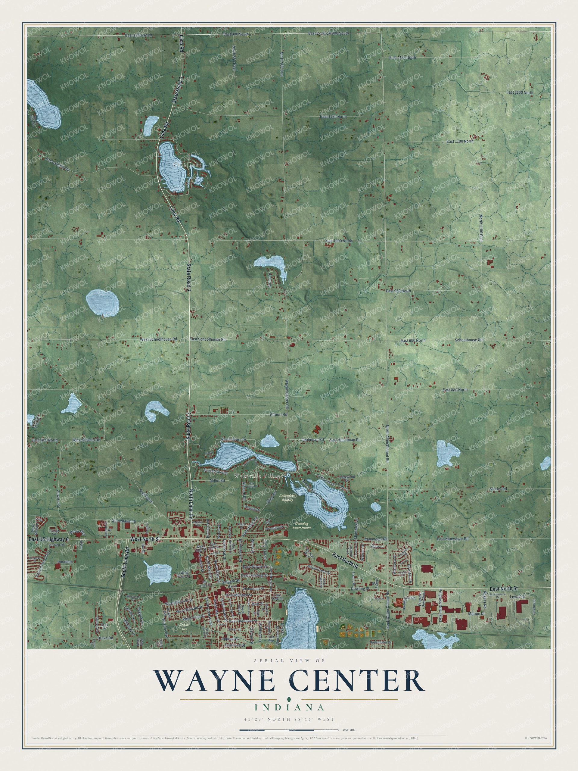 Full map of Wayne Center, Indiana, with red buildings, printed street names and the land around them