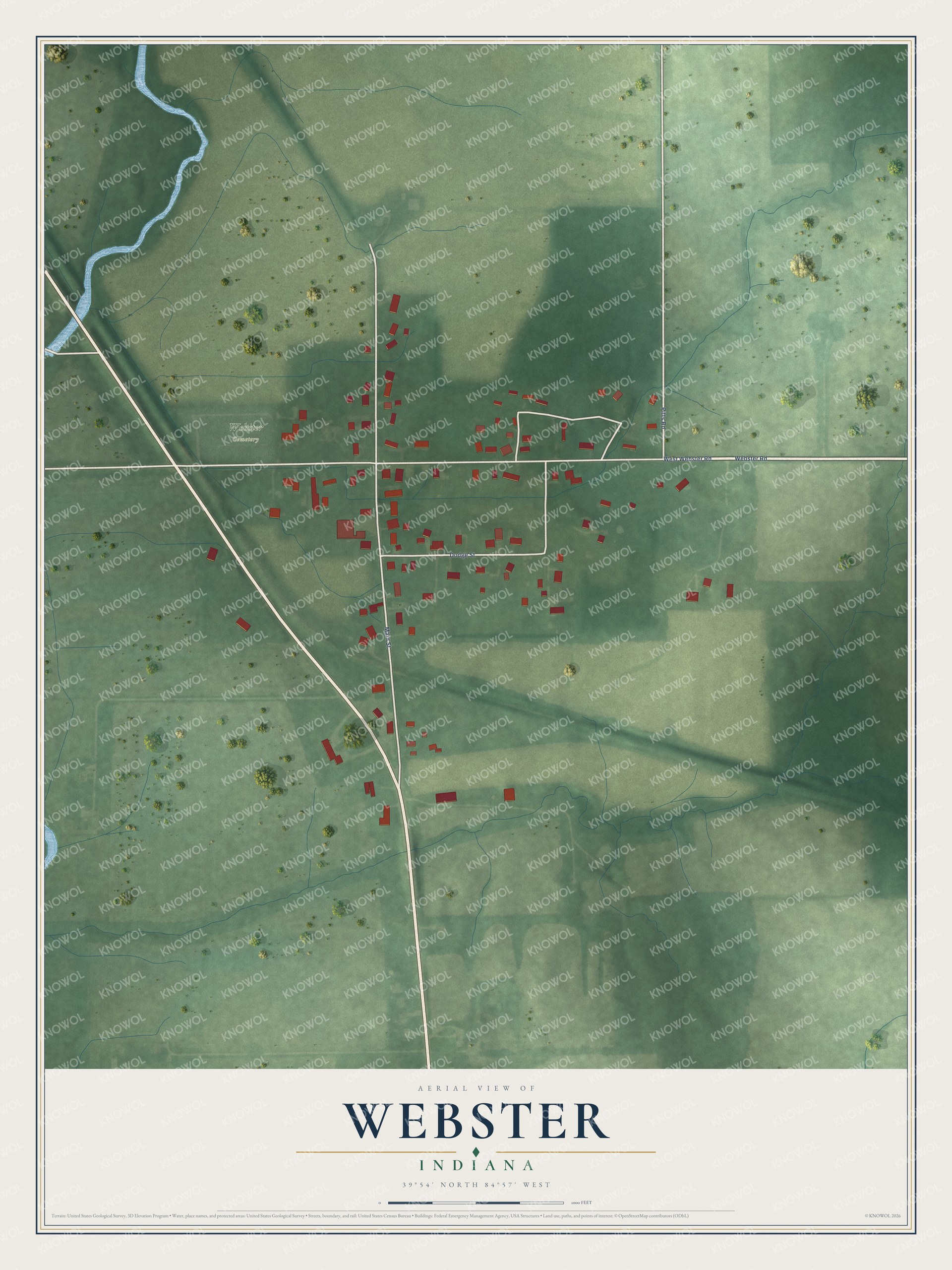 Full map of Webster, Indiana, with red buildings, printed street names and the land around them