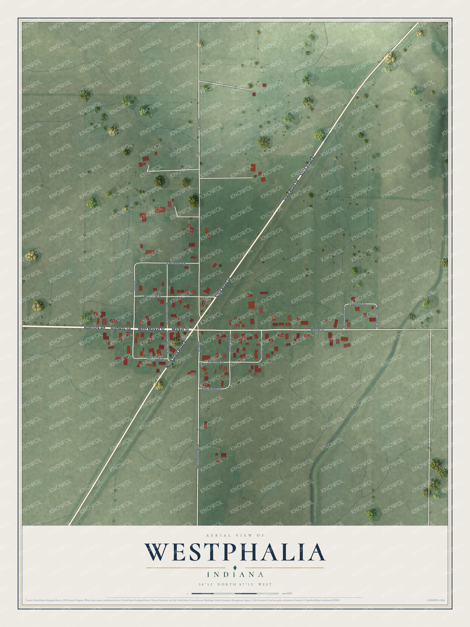 Full map of Westphalia, Indiana, with red buildings, printed street names and the land around them