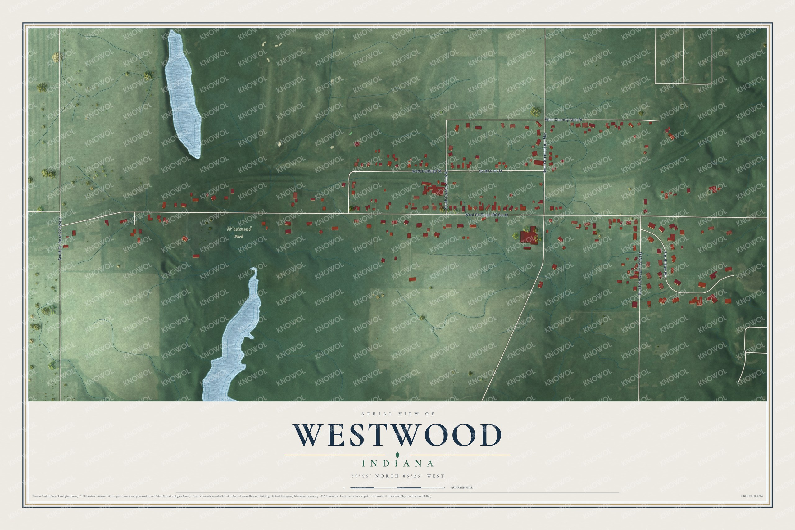 Full map of Westwood, Indiana, with red buildings, printed street names and the land around them