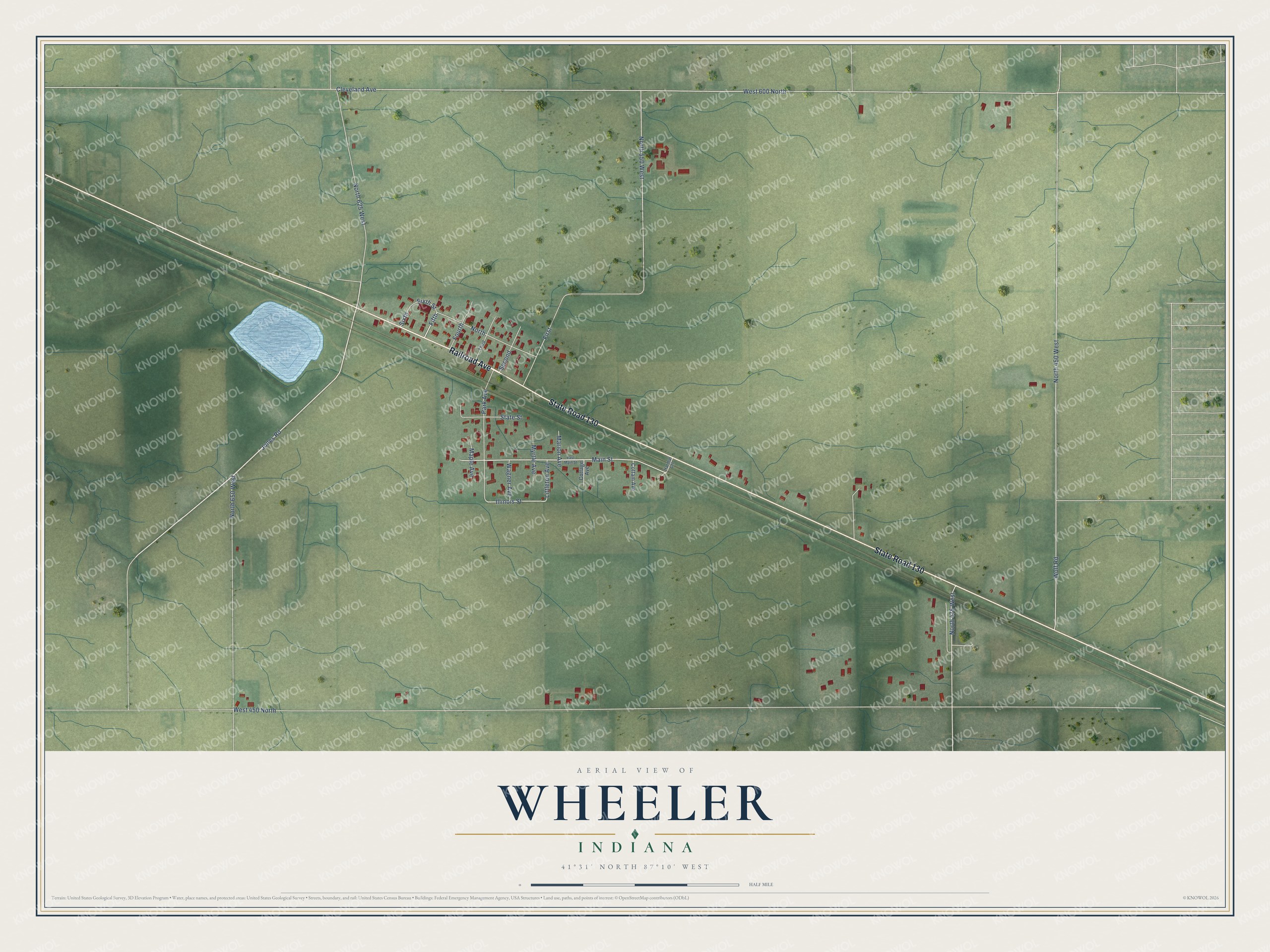 Full map of Wheeler, Indiana, with red buildings, printed street names and the land around them