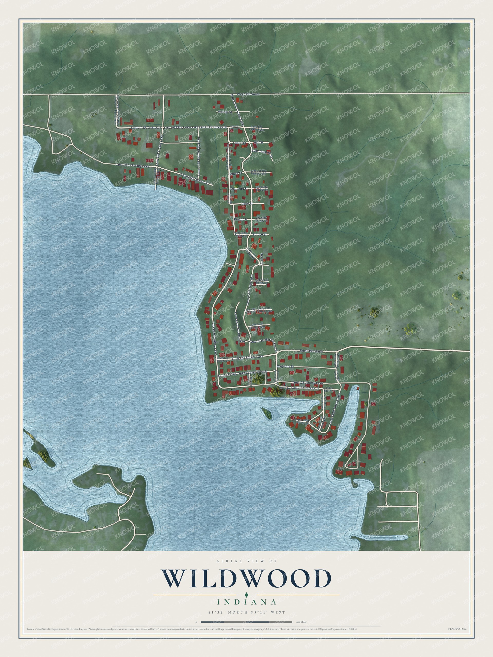 Full map of Wildwood, Indiana, with red buildings, printed street names and the land around them