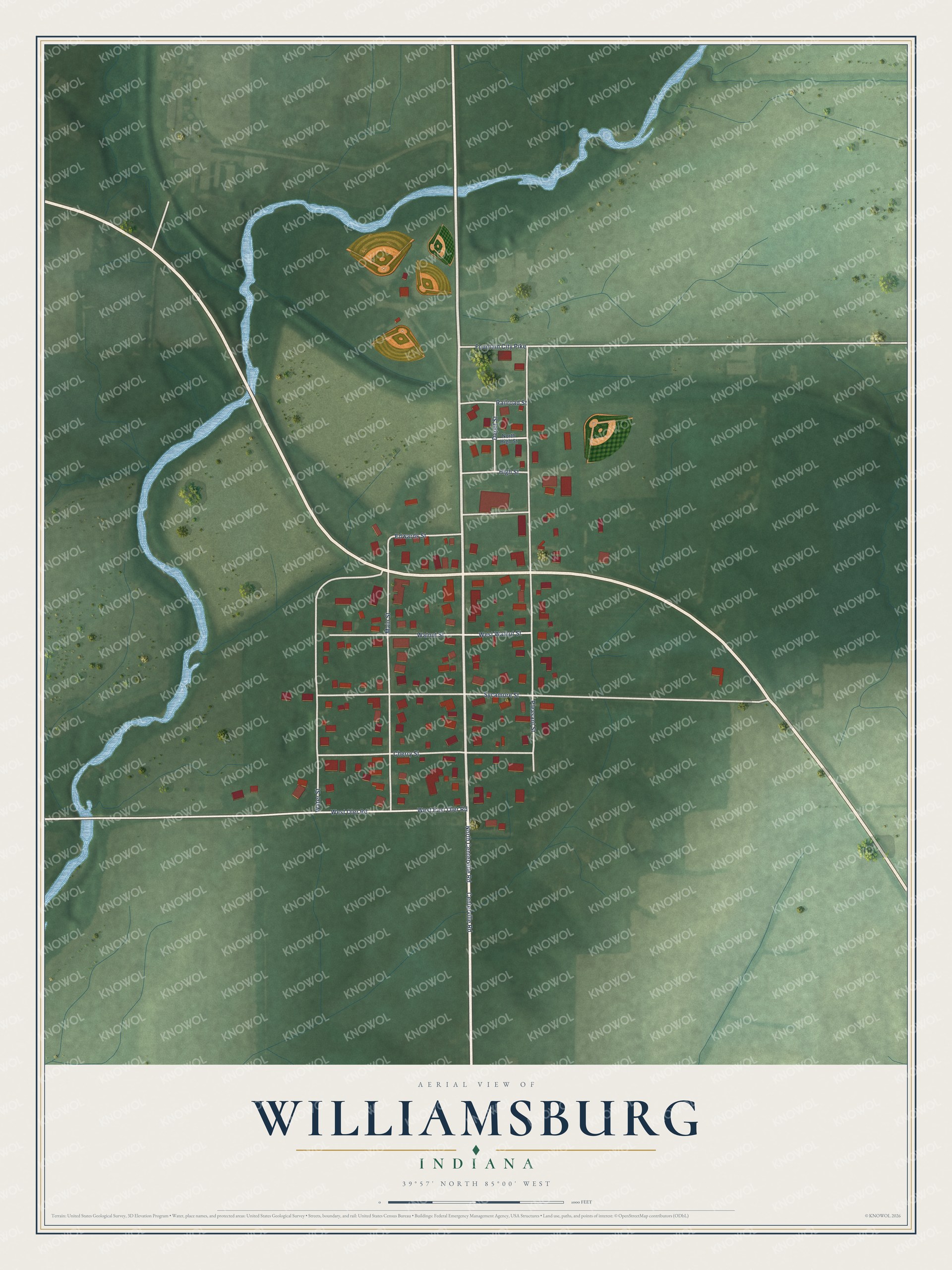 Full map of Williamsburg, Indiana, with red buildings, printed street names and the land around them