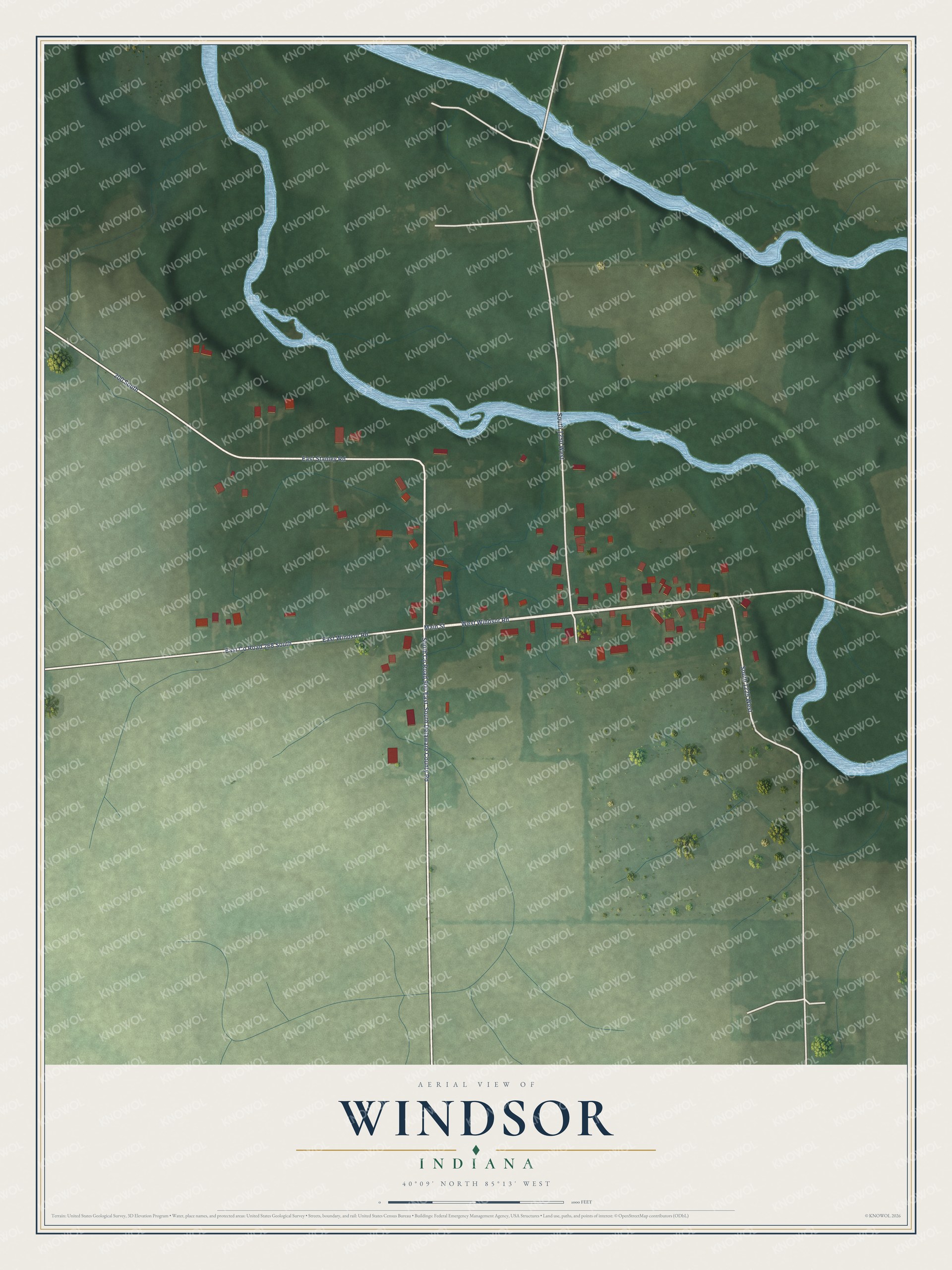 Full map of Windsor, Indiana, with red buildings, printed street names and the land around them