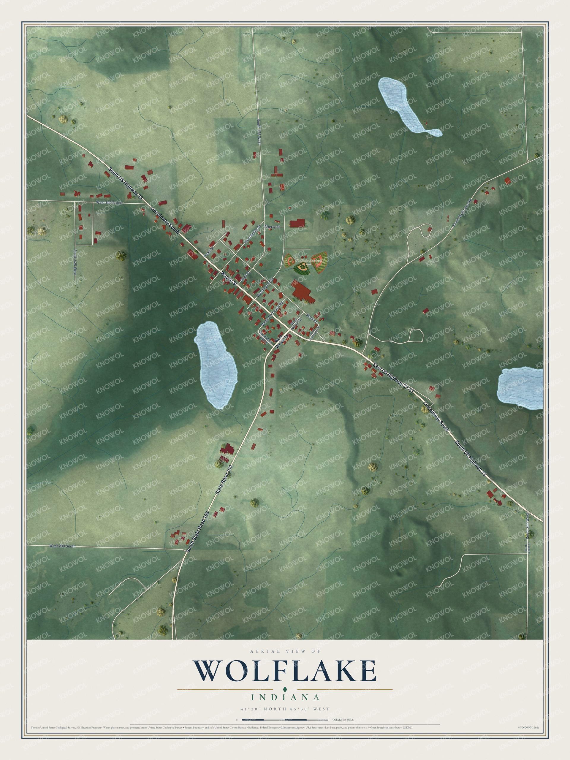 Full map of Wolflake, Indiana, with red buildings, printed street names and the land around them