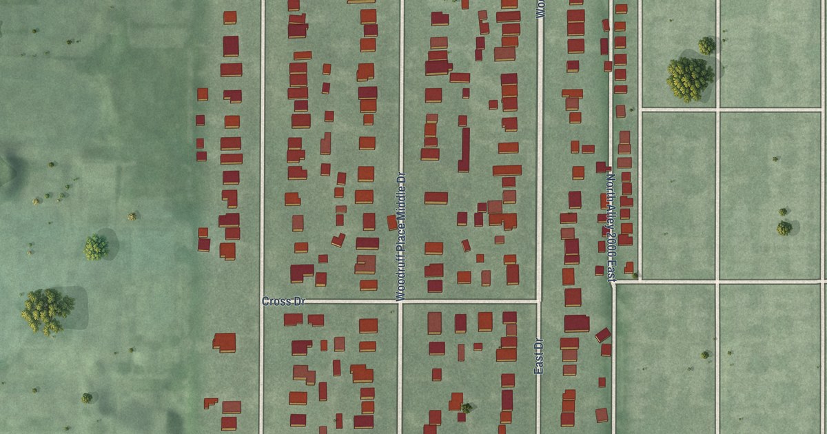 Close-up of streets and buildings in Woodruff Place, Indiana