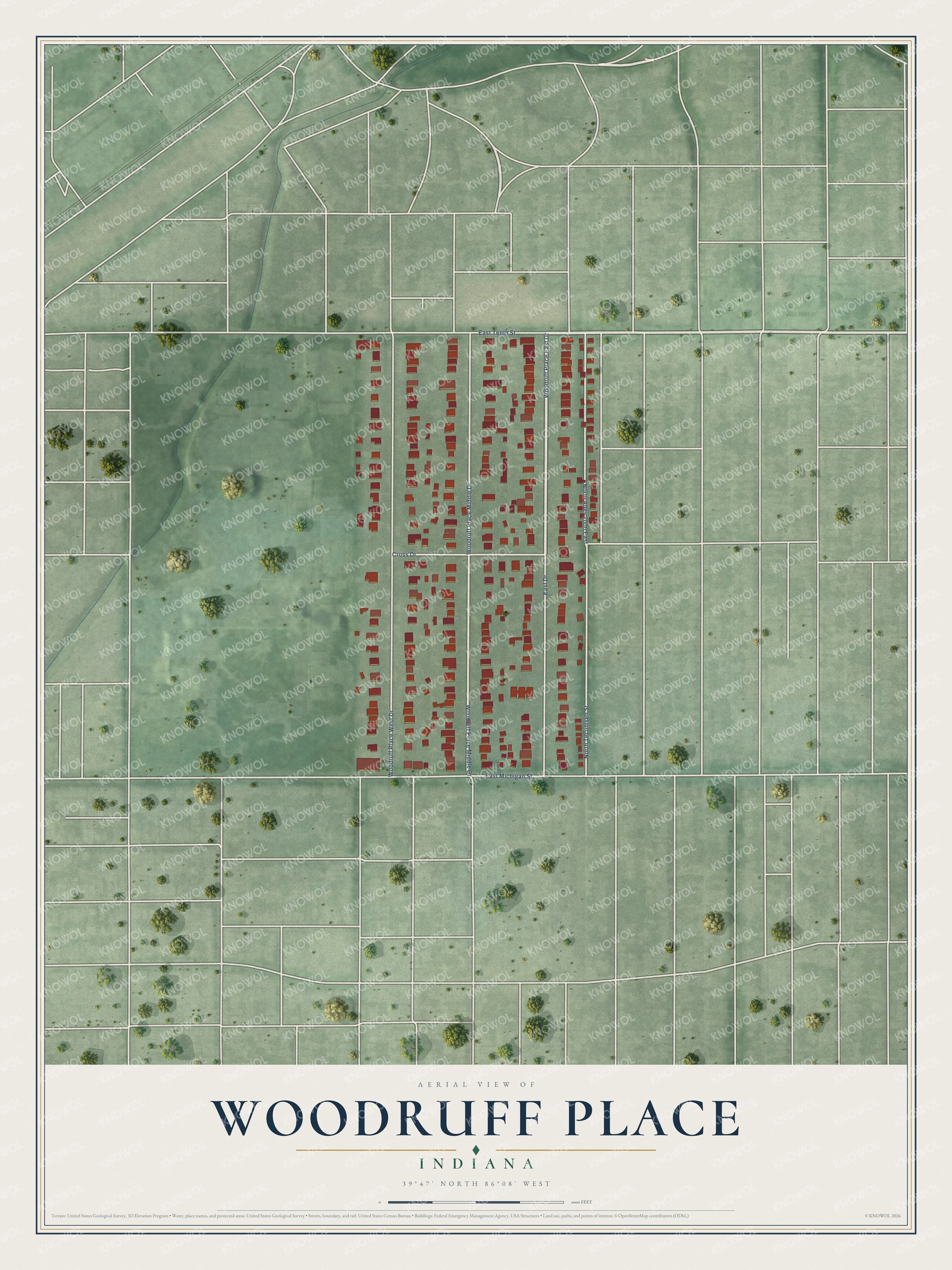 Full map of Woodruff Place, Indiana, with red buildings, printed street names and the land around them