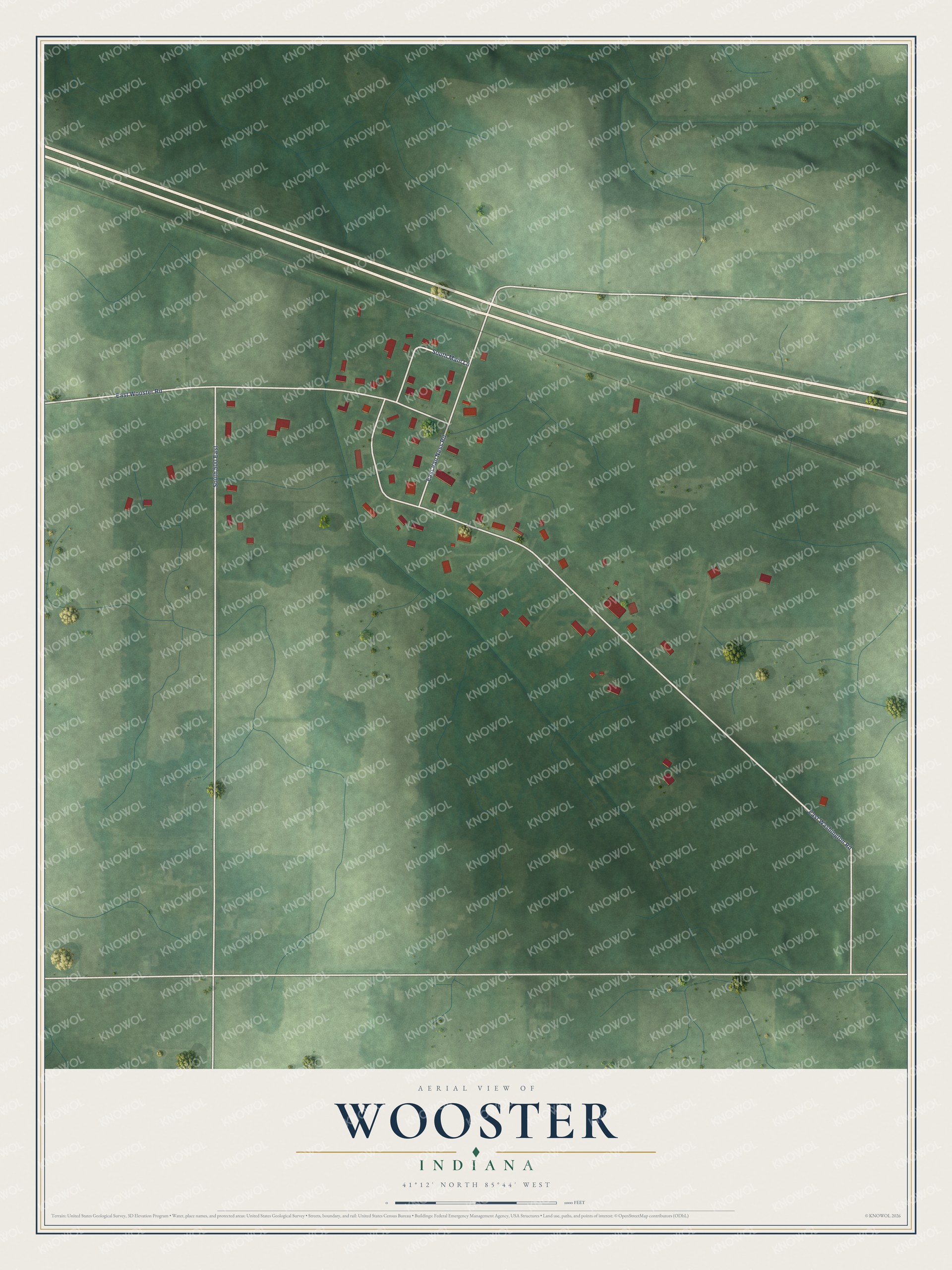 Full map of Wooster, Indiana, with red buildings, printed street names and the land around them