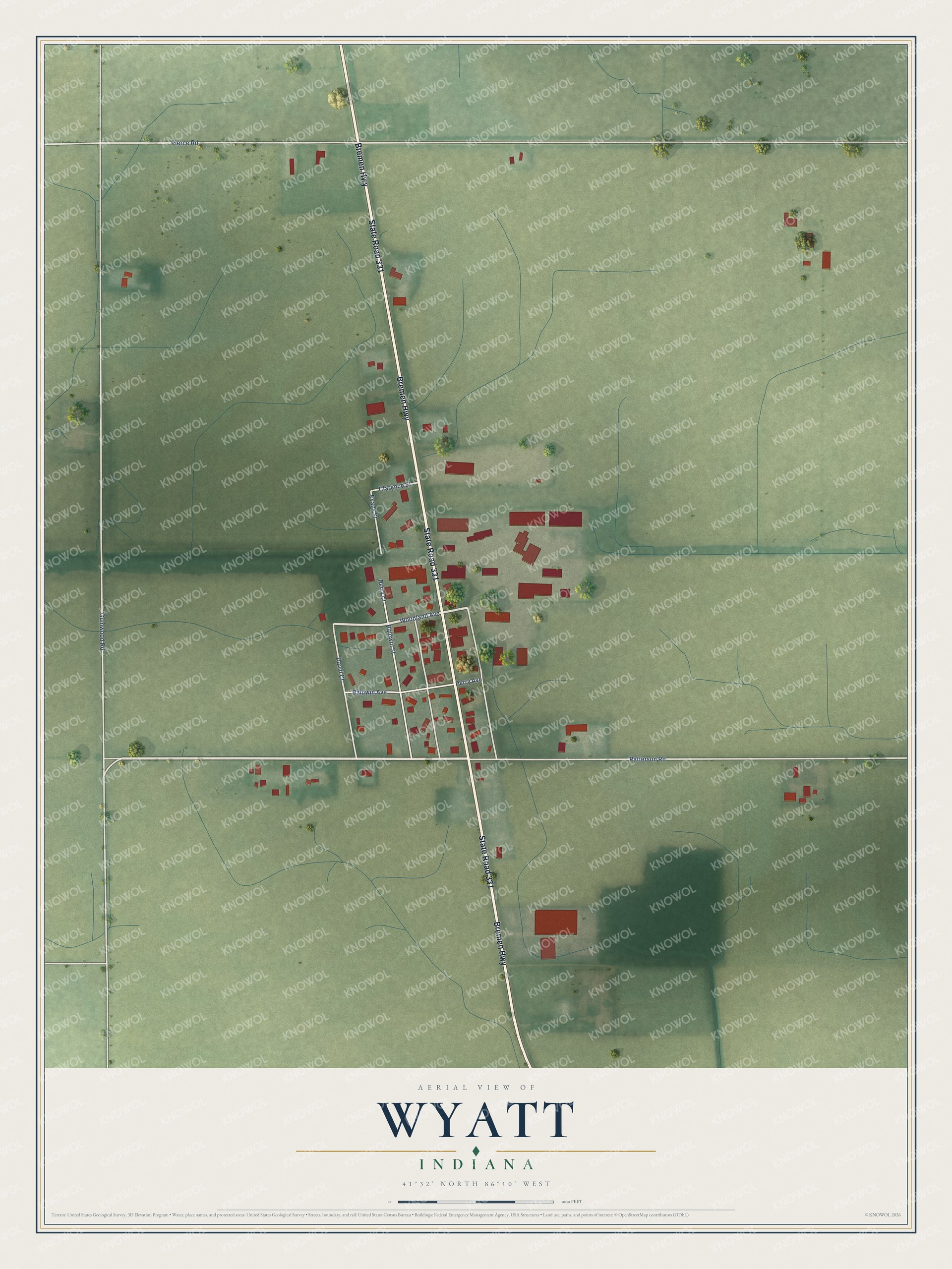 Full map of Wyatt, Indiana, with red buildings, printed street names and the land around them