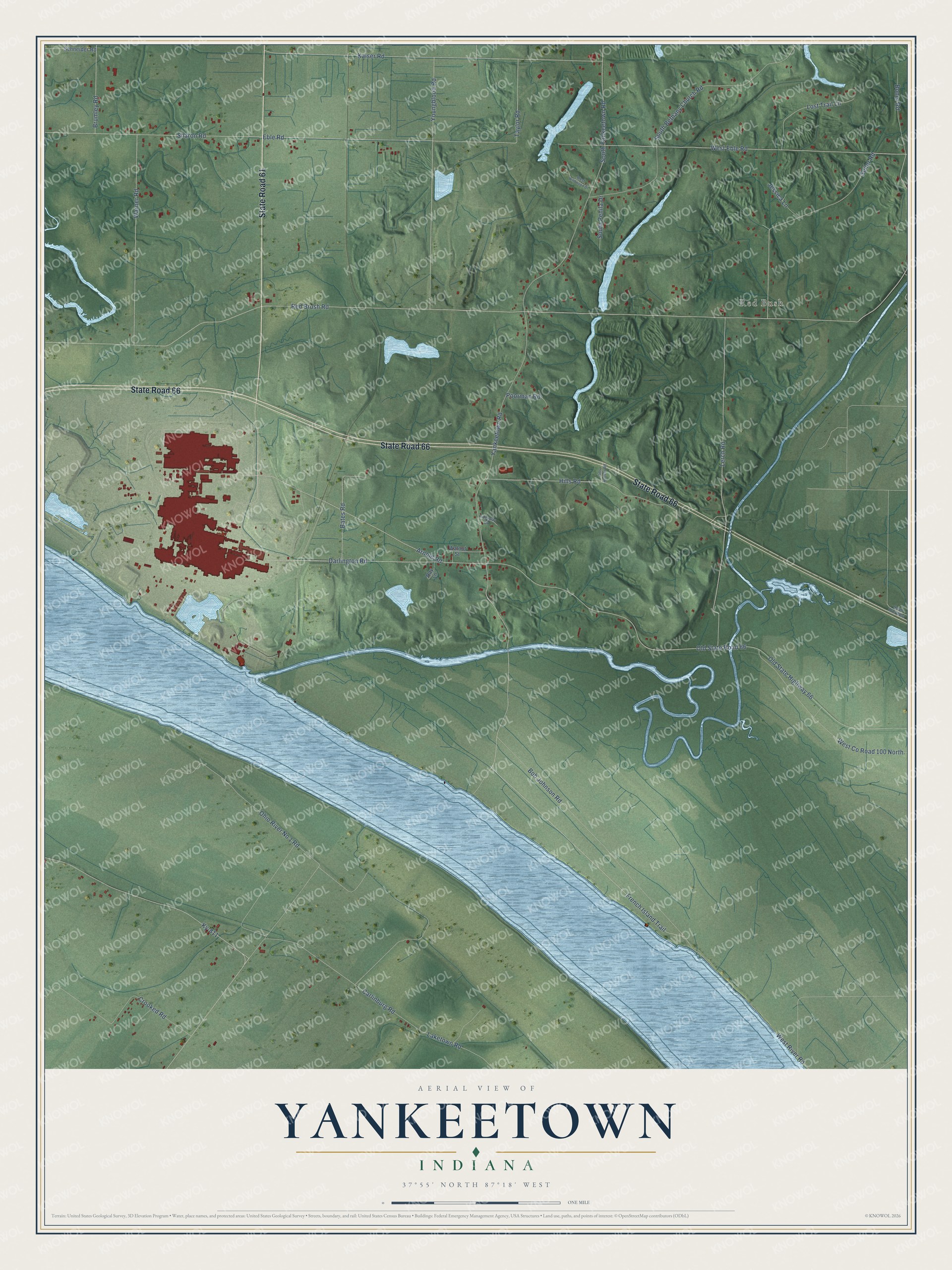 Full map of Yankeetown, Indiana, with red buildings, printed street names and the land around them