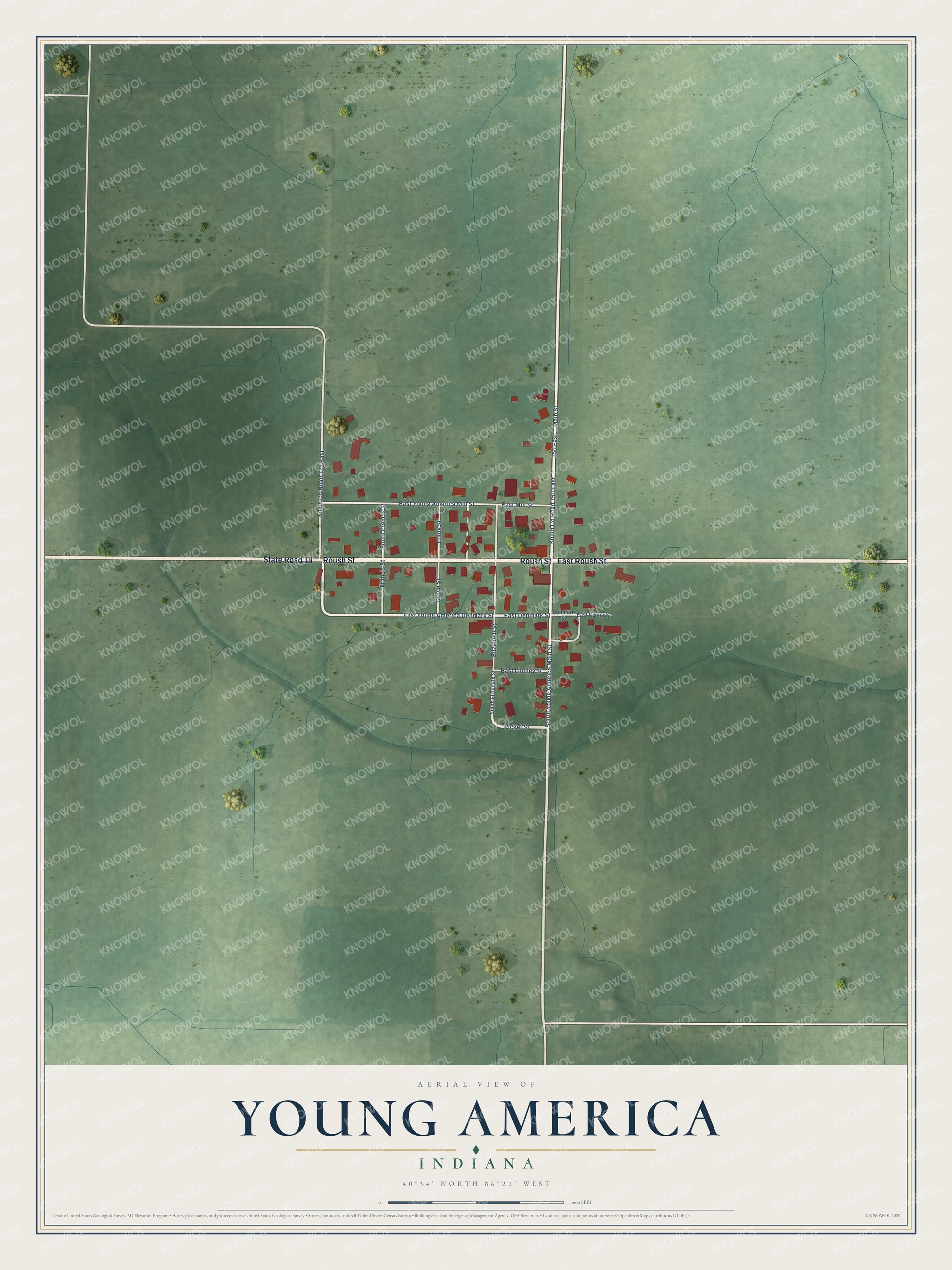 Full map of Young America, Indiana, with red buildings, printed street names and the land around them