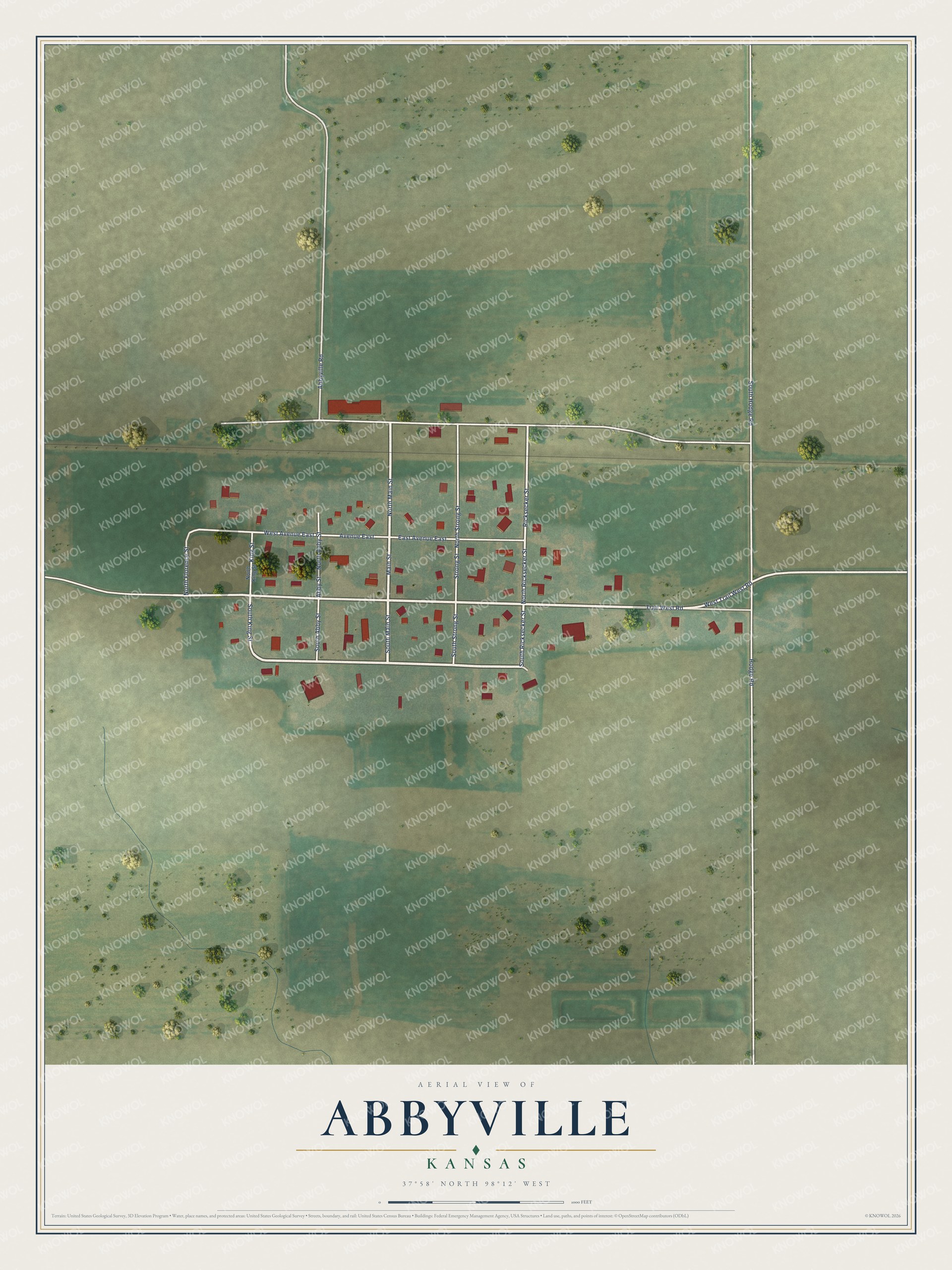 Full map of Abbyville, Kansas, with red buildings, printed street names and the land around them