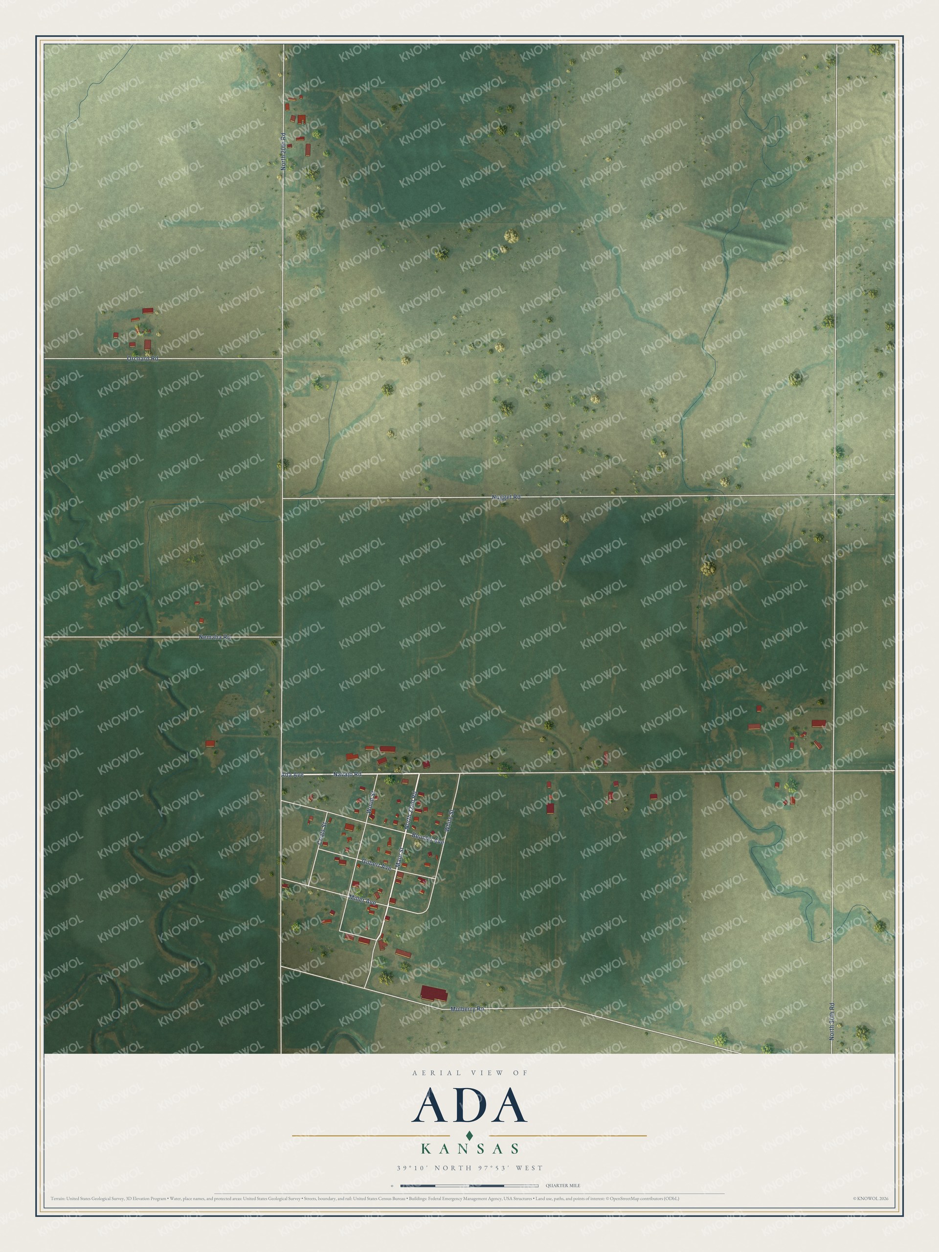 Full map of Ada, Kansas, with red buildings, printed street names and the land around them