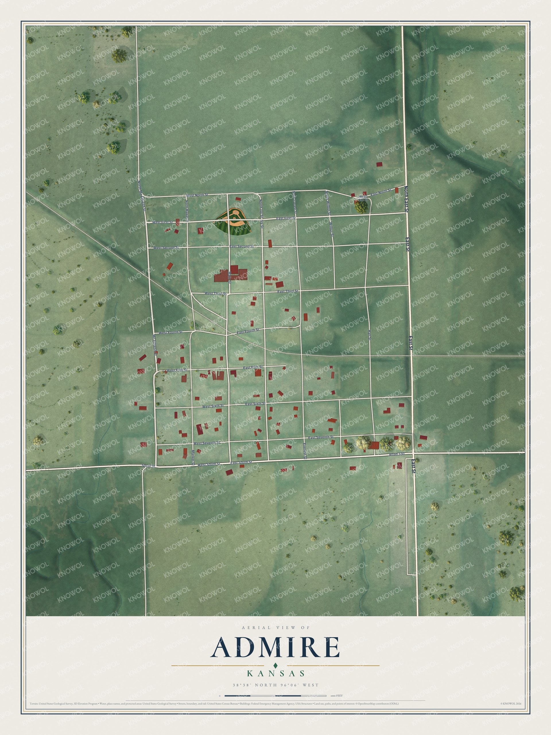 Full map of Admire, Kansas, with red buildings, printed street names and the land around them