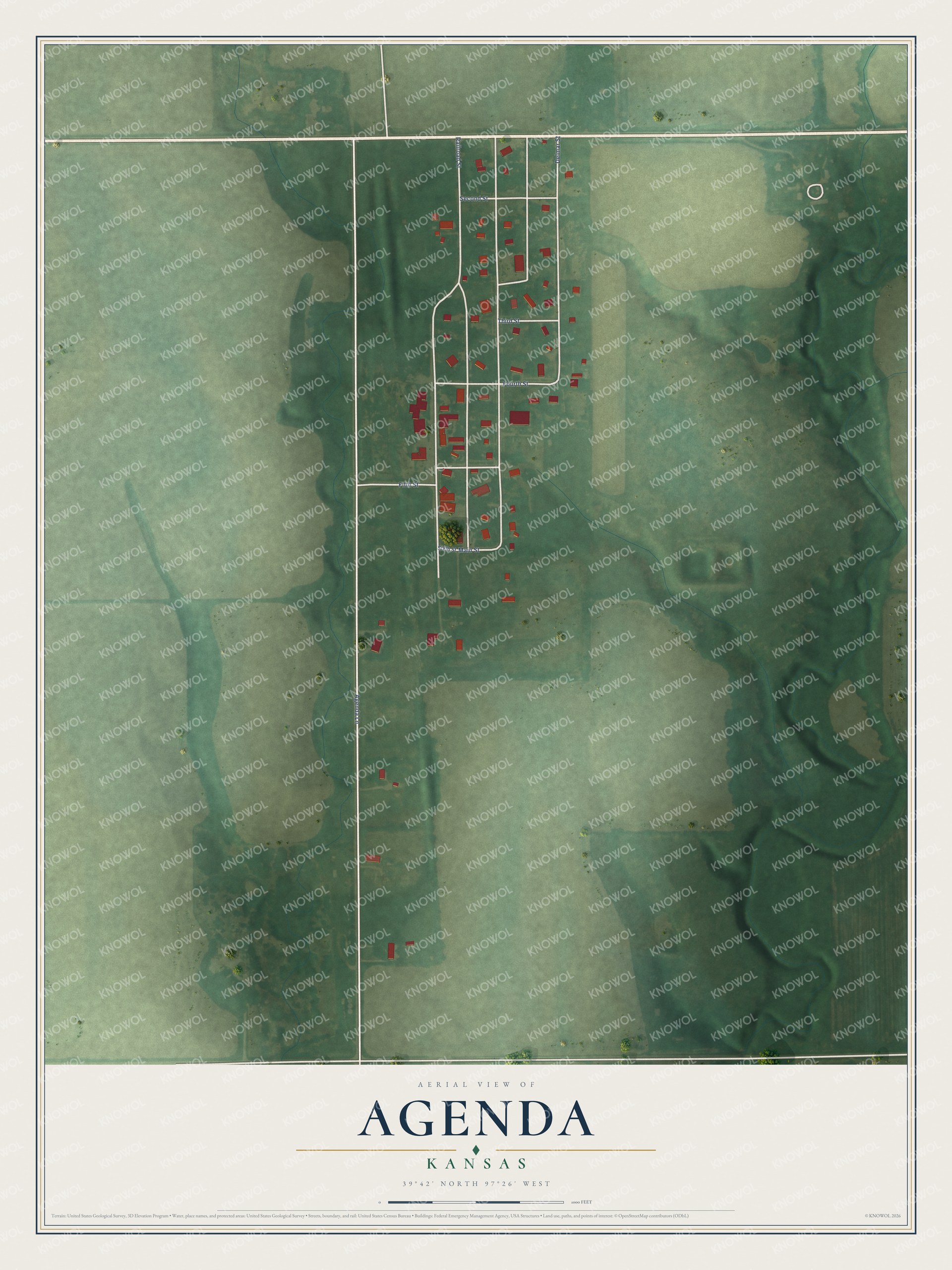 Full map of Agenda, Kansas, with red buildings, printed street names and the land around them