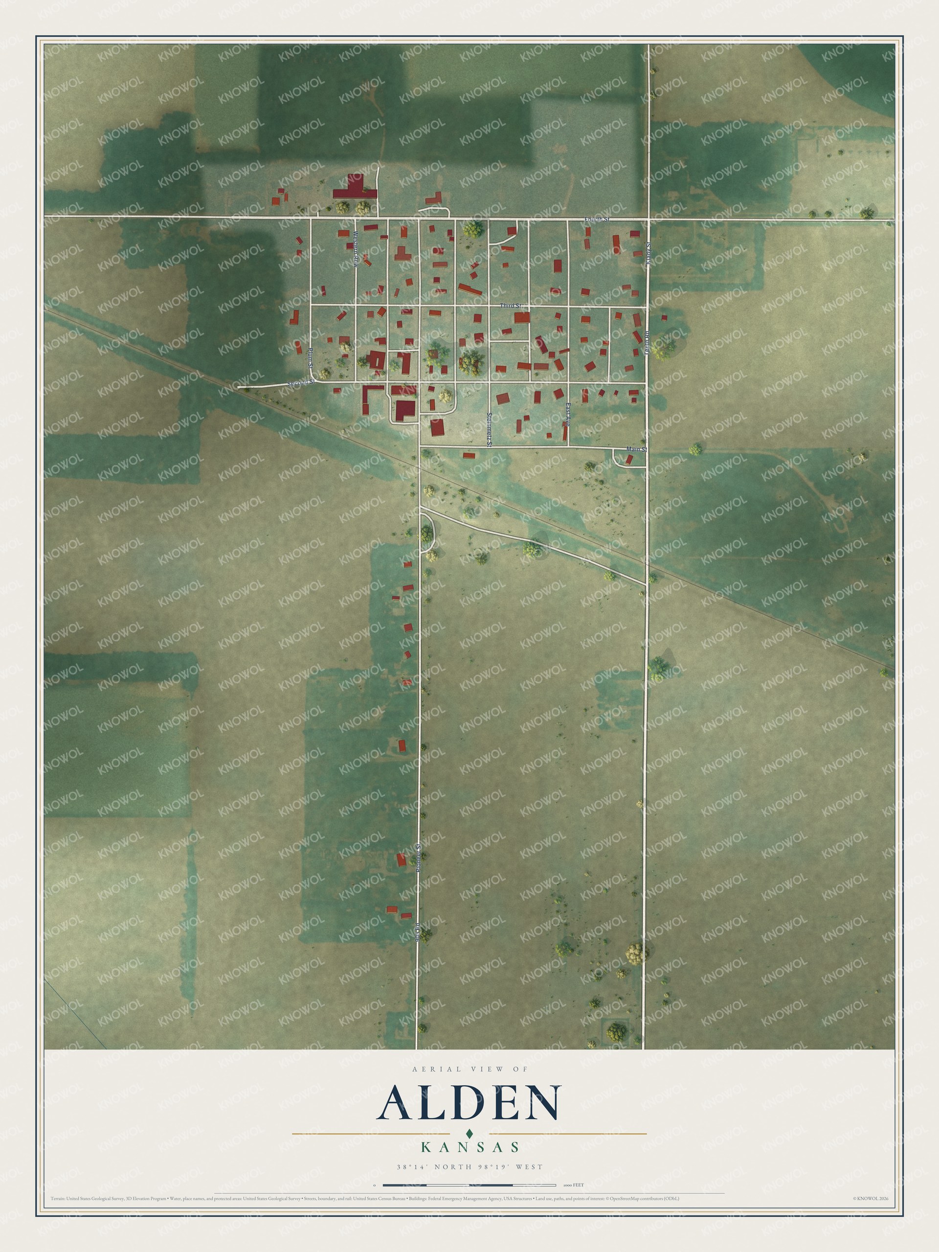 Full map of Alden, Kansas, with red buildings, printed street names and the land around them