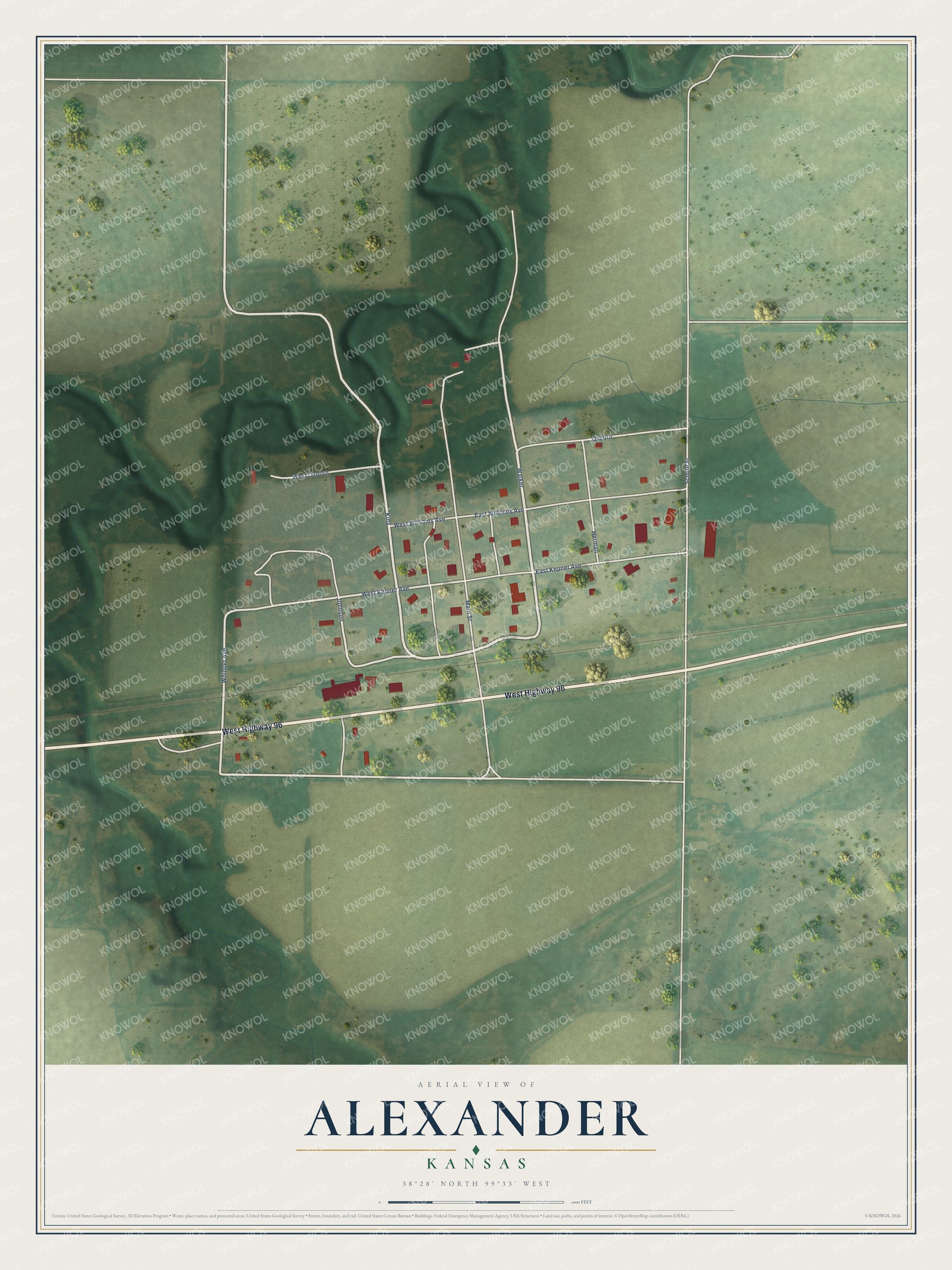 Full map of Alexander, Kansas, with red buildings, printed street names and the land around them