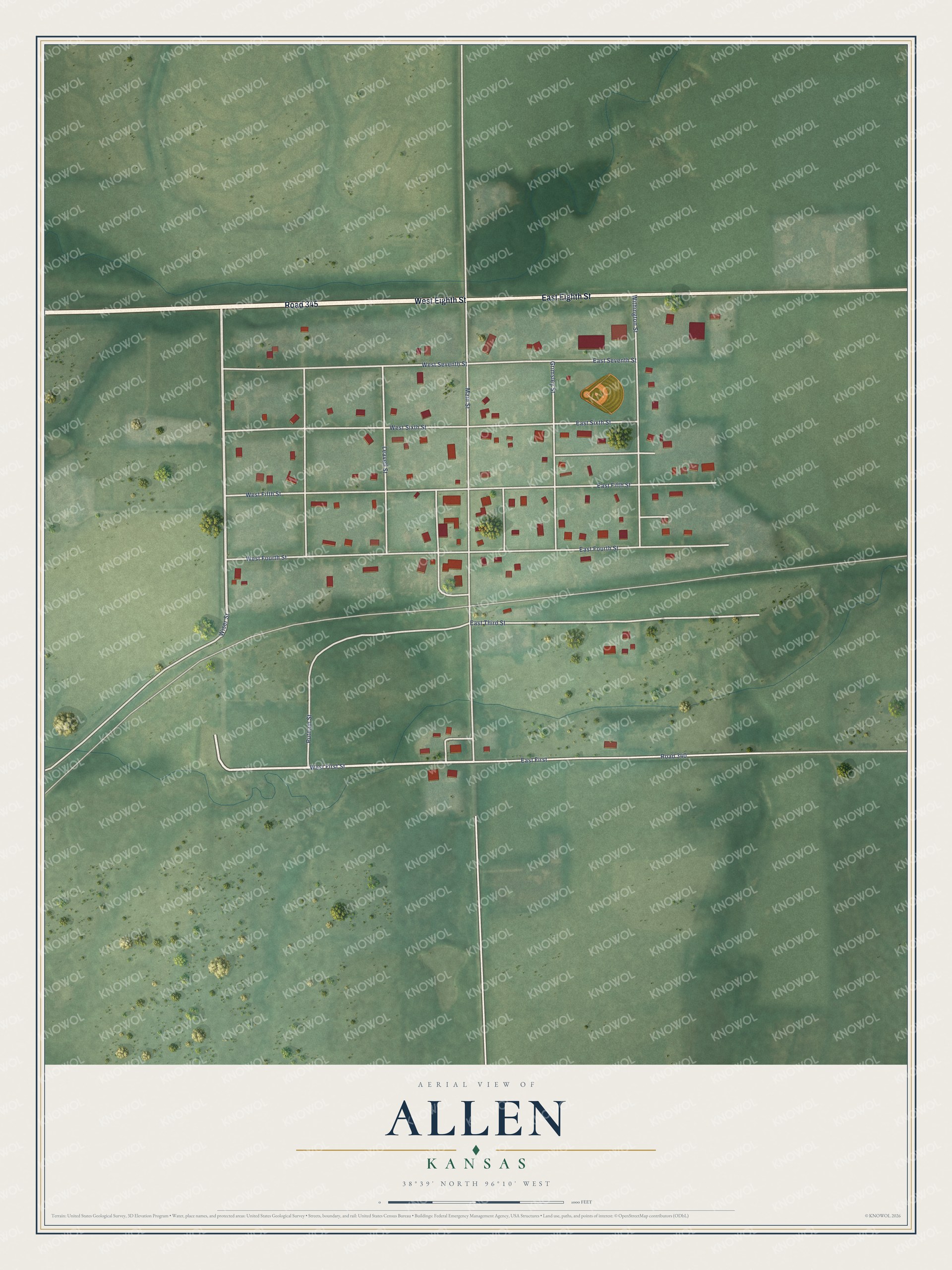 Full map of Allen, Kansas, with red buildings, printed street names and the land around them