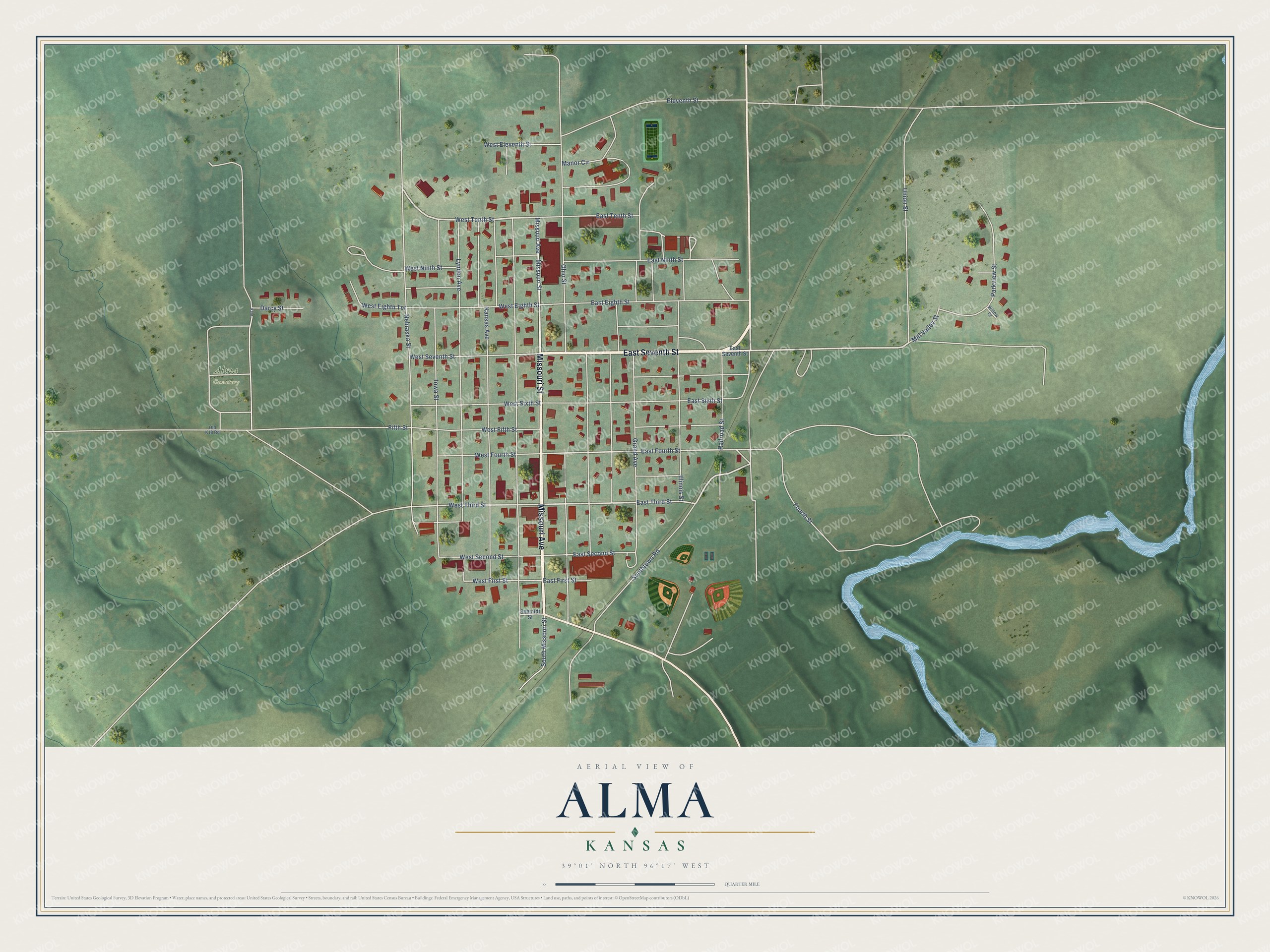 Full map of Alma, Kansas, with red buildings, printed street names and the land around them