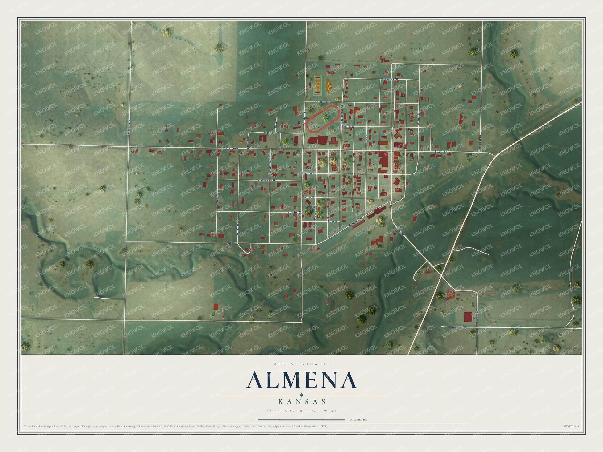 Full map of Almena, Kansas, with red buildings, printed street names and the land around them