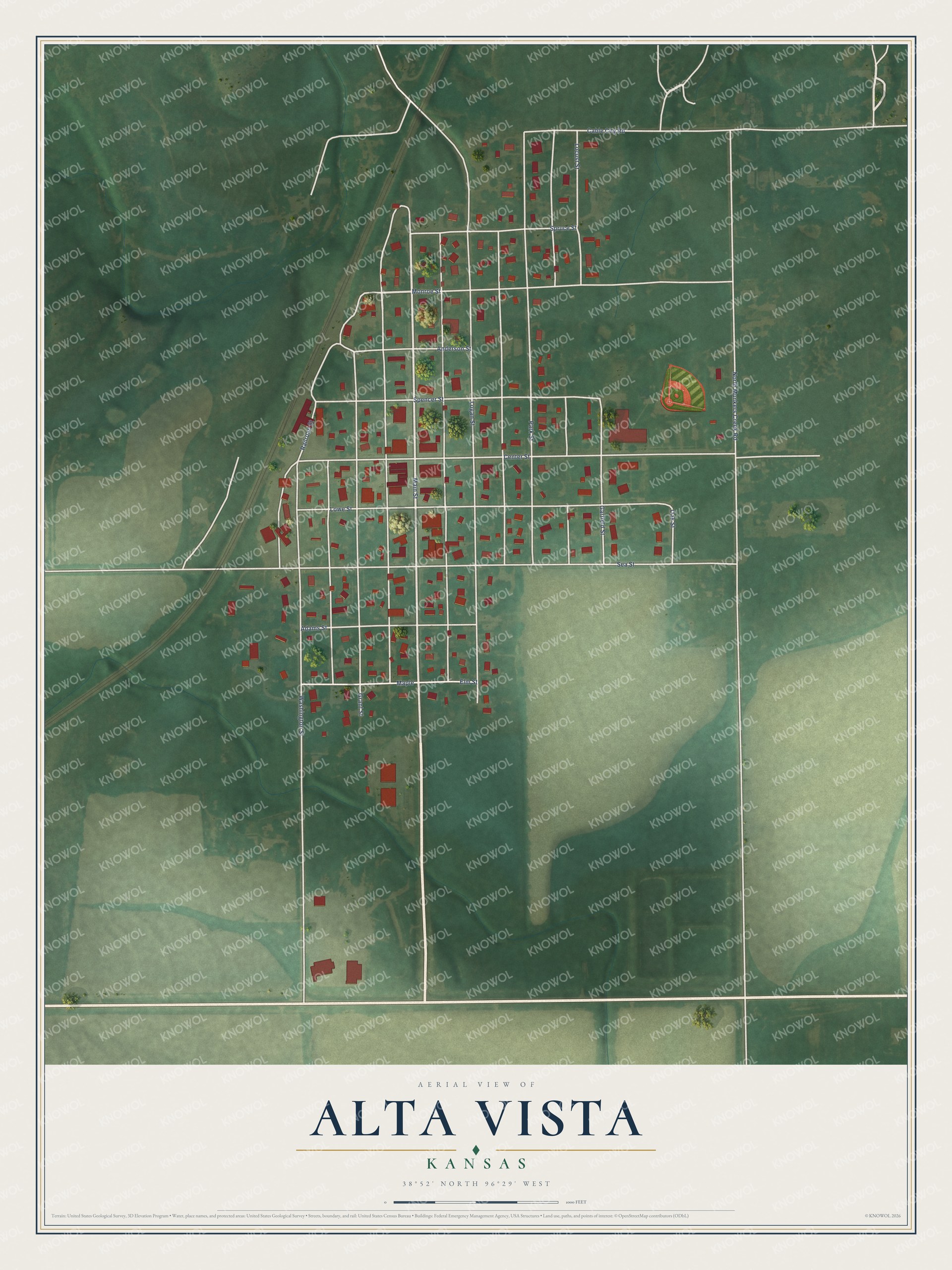 Full map of Alta Vista, Kansas, with red buildings, printed street names and the land around them