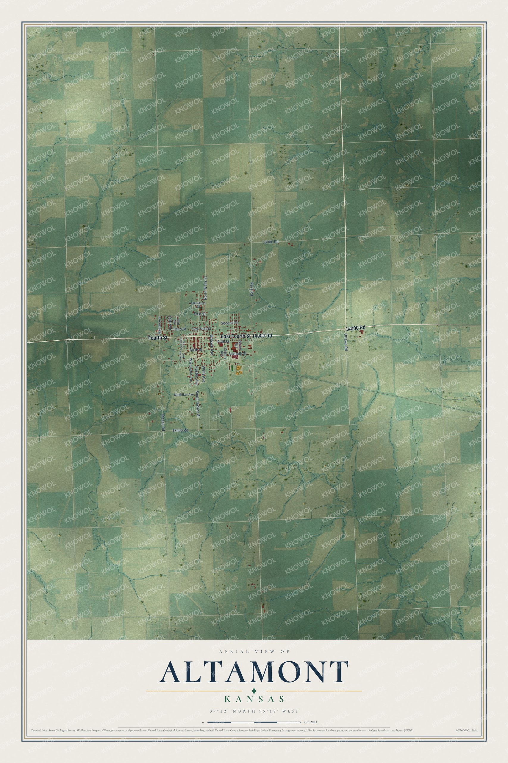 Full map of Altamont, Kansas, with red buildings, printed street names and the land around them